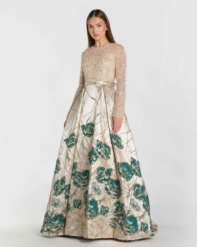 Gold Long Sleeve Embellished Floral Brocade Ball Gown sold by Mac Duggal