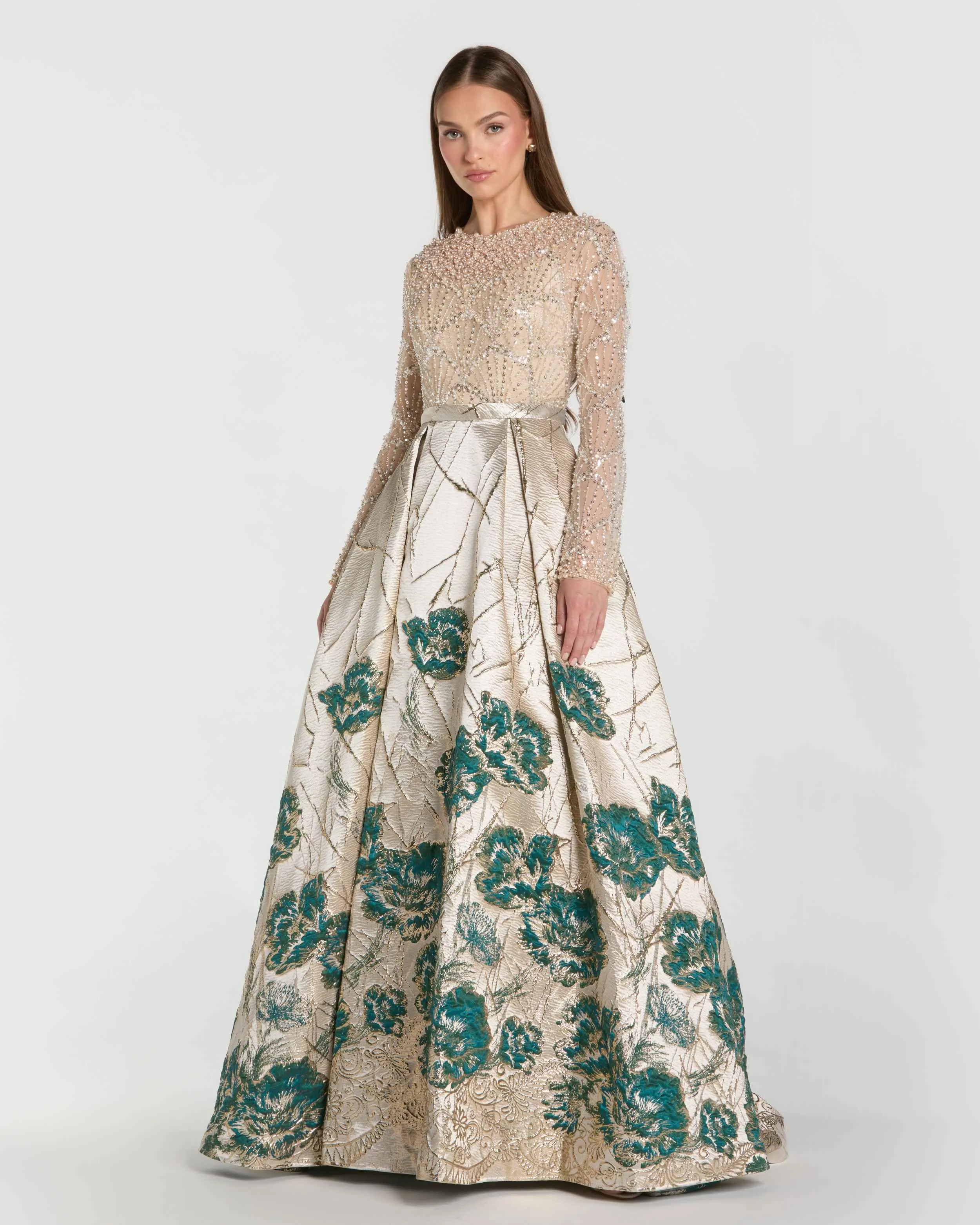 Gold Long Sleeve Embellished Floral Brocade Ball Gown sold by Mac Duggal