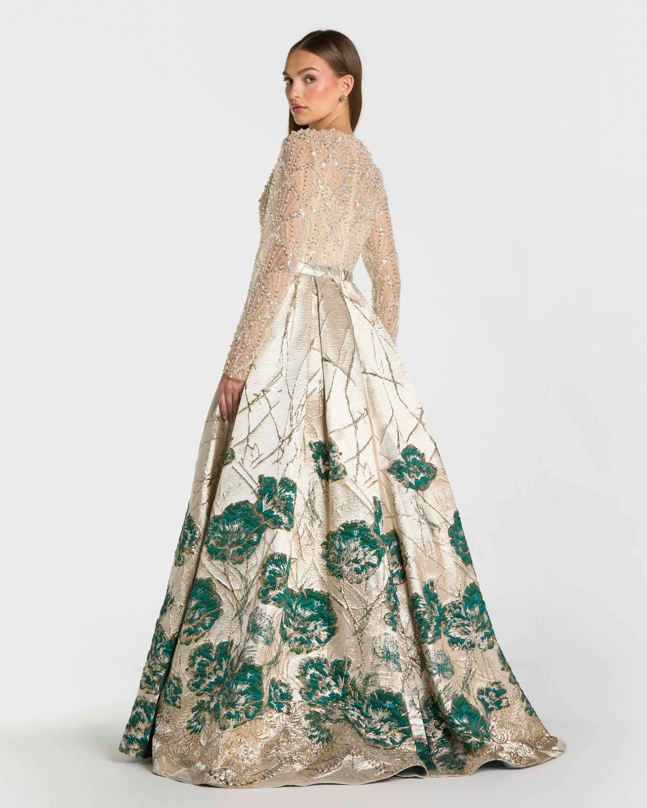 Gold Long Sleeve Embellished Floral Brocade Ball Gown sold by Mac Duggal product image thumbnail 3