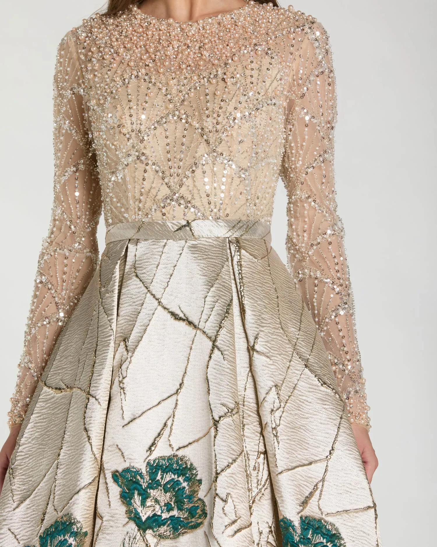 Gold Long Sleeve Embellished Floral Brocade Ball Gown sold by Mac Duggal product image thumbnail 2