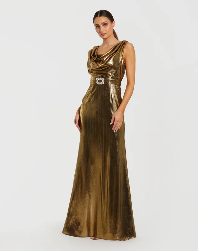 Gold Metallic Sleeveless Cowl Neck Trumpet Gown With Belt sold by Mac Duggal