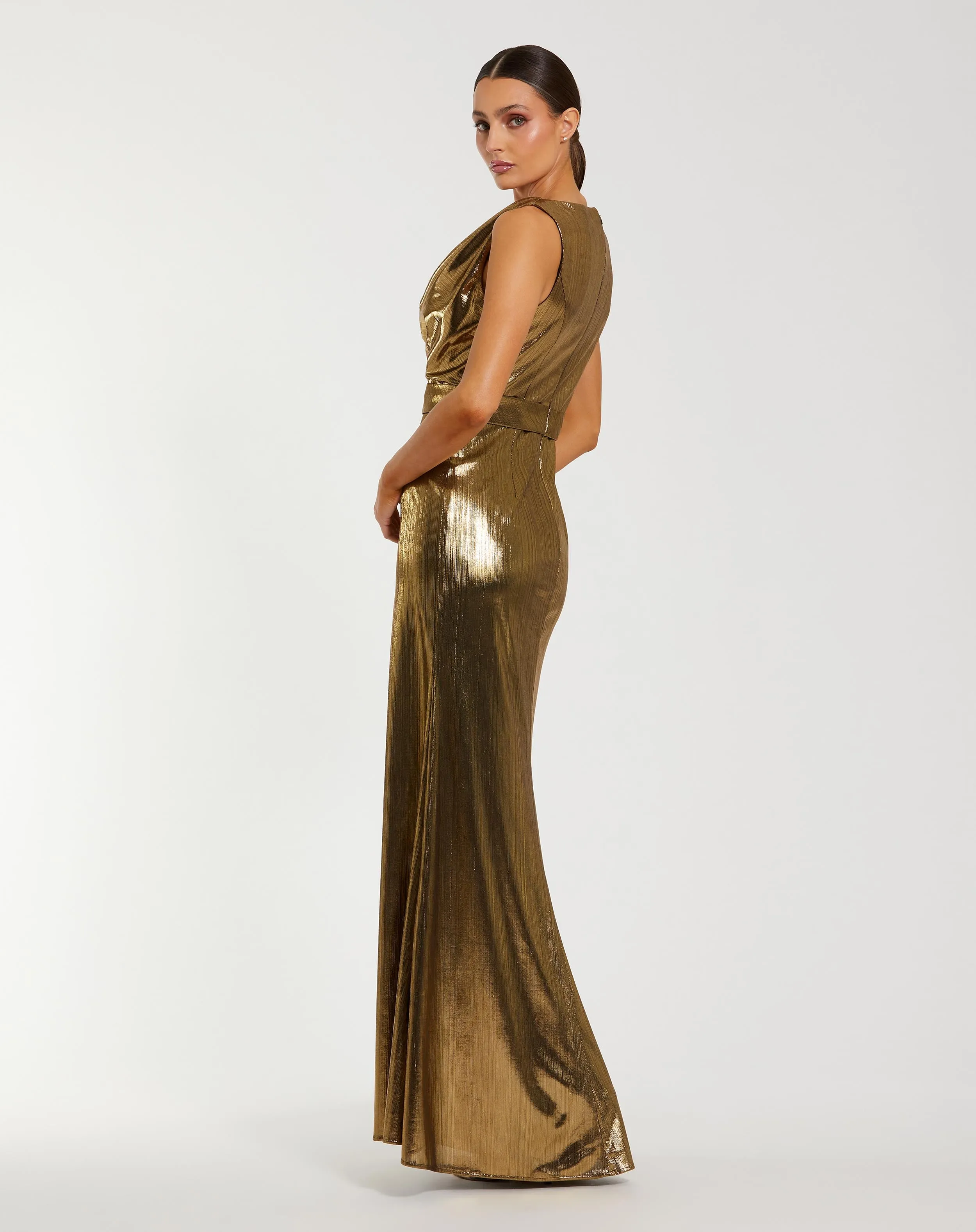Gold Metallic Sleeveless Cowl Neck Trumpet Gown With Belt sold by Mac Duggal product image thumbnail 3