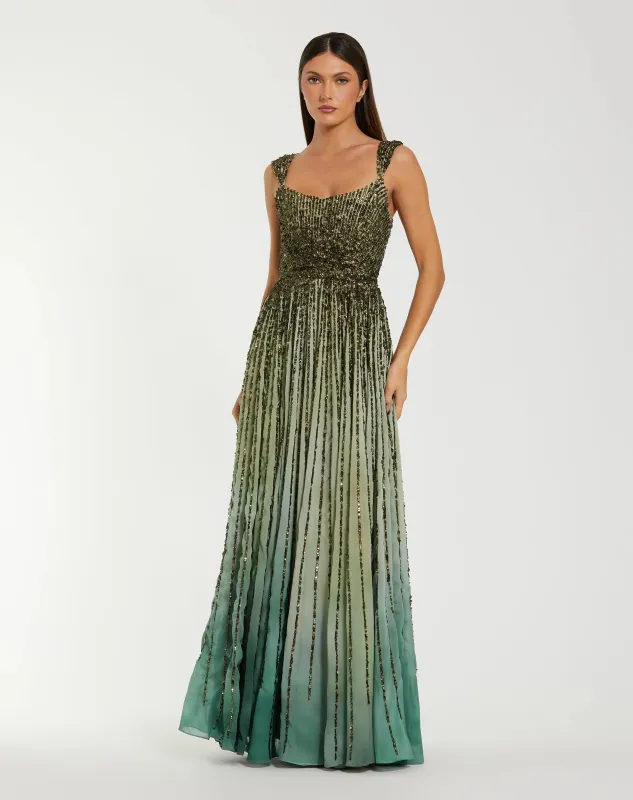 Green Sleeveless Sequin A Line Ombre Gown sold by Mac Duggal