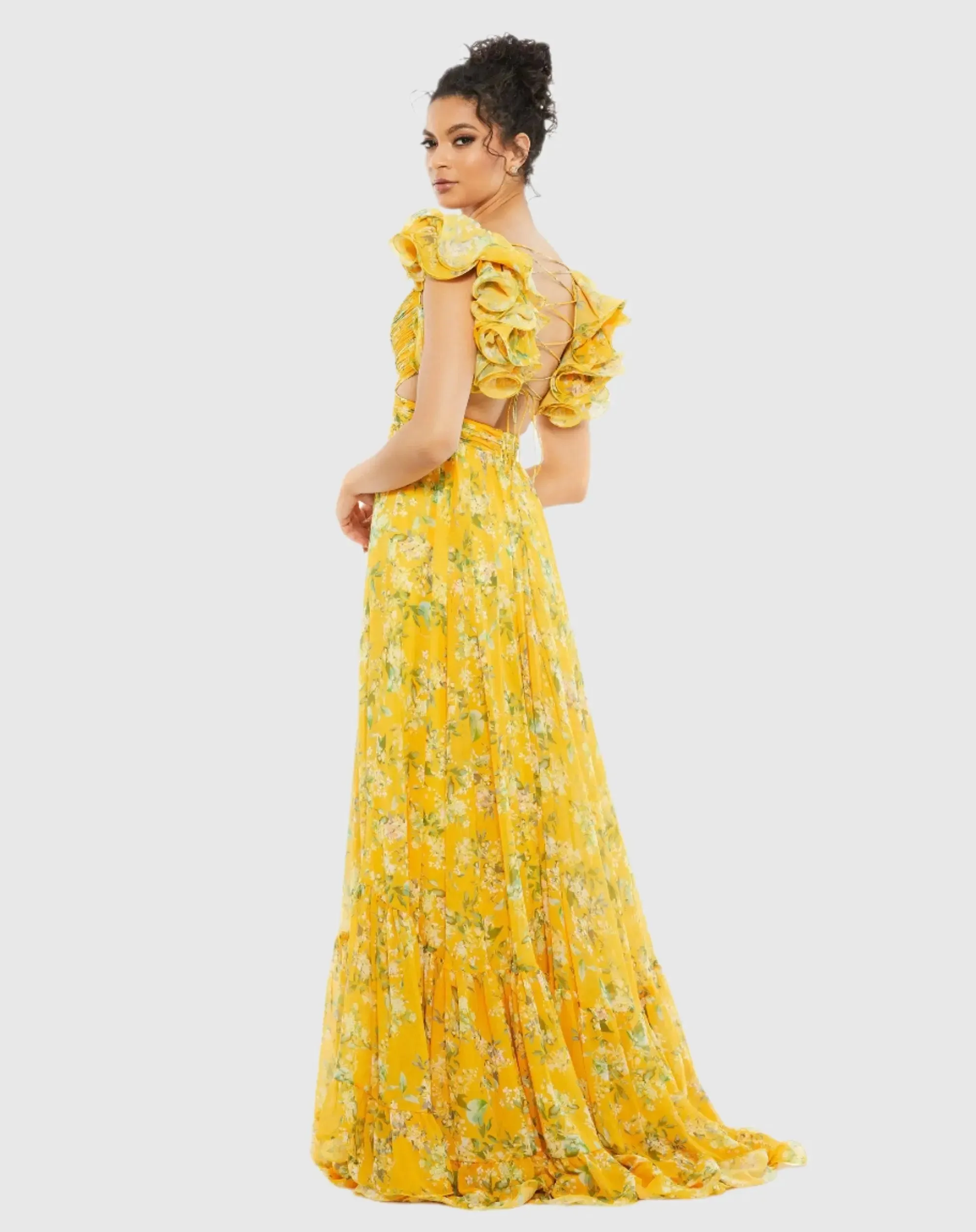 Yellow Ruffle Tiered Floral Cut-Out Chiffon Gown sold by Mac Duggal product image thumbnail 3