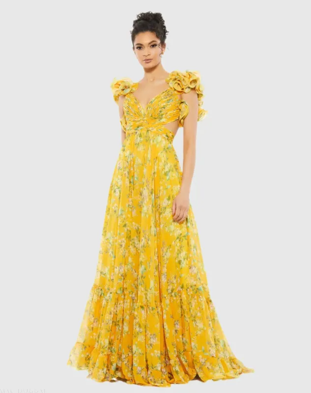 Yellow Ruffle Tiered Floral Cut-Out Chiffon Gown sold by Mac Duggal