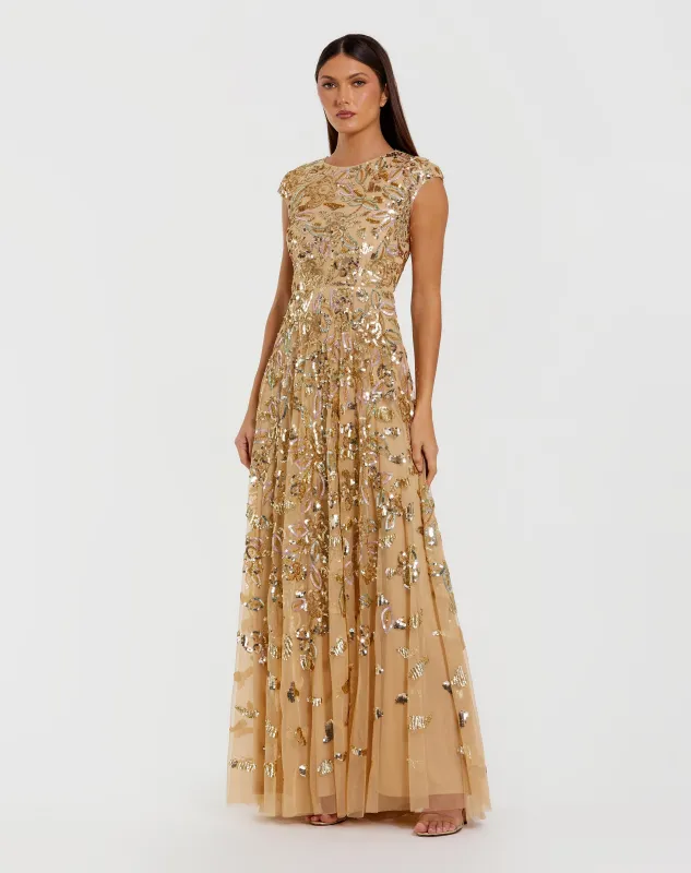 Gold Sequin High Neck Cap Sleeve A Line Gown sold by Mac Duggal