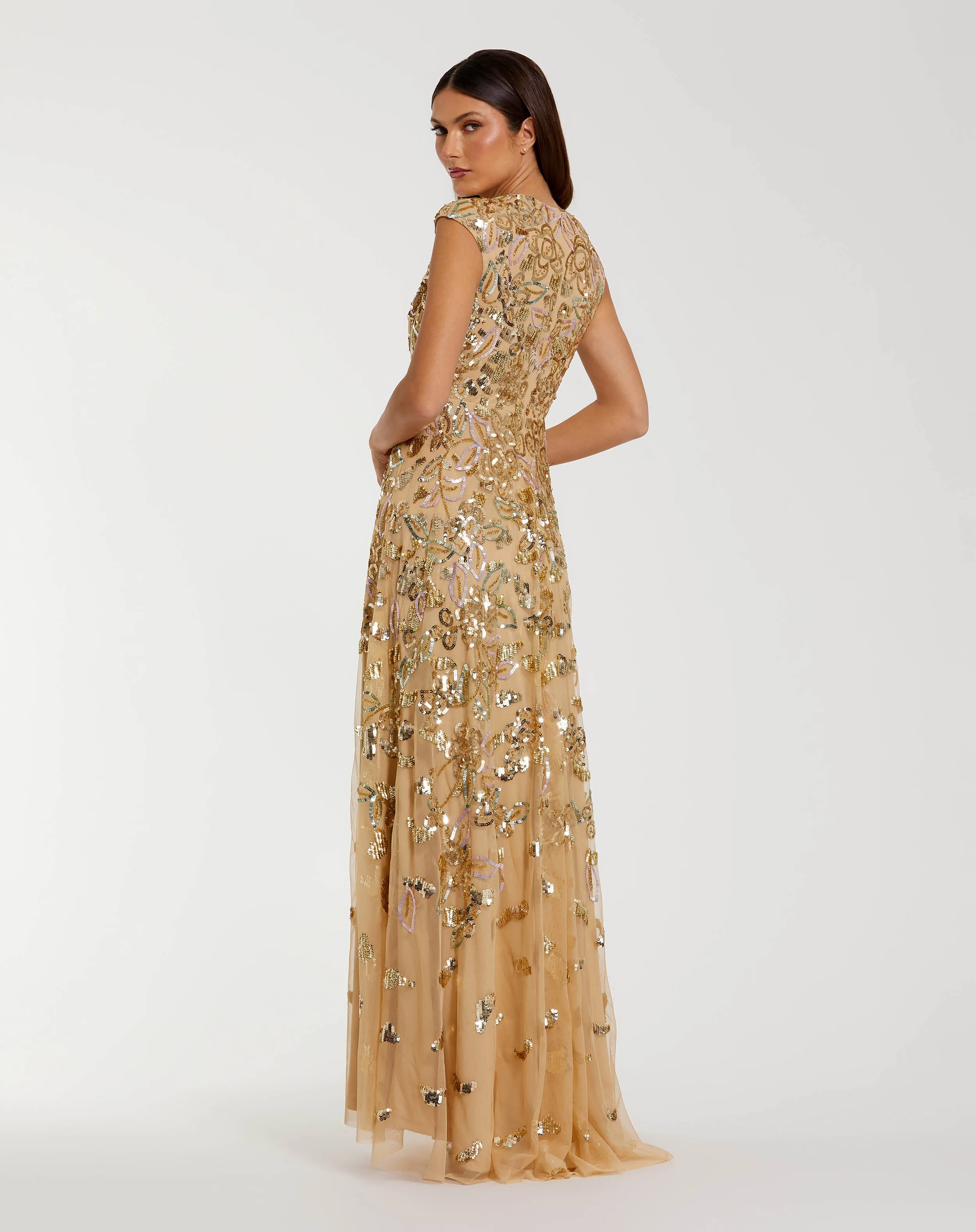 Gold Sequin High Neck Cap Sleeve A Line Gown sold by Mac Duggal product image thumbnail 3