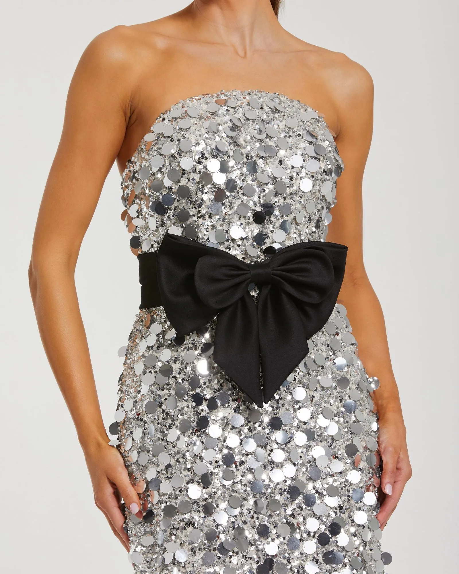 Silver Strapless Paillette Column Midi Dress With Bow sold by Mac Duggal product image thumbnail 2