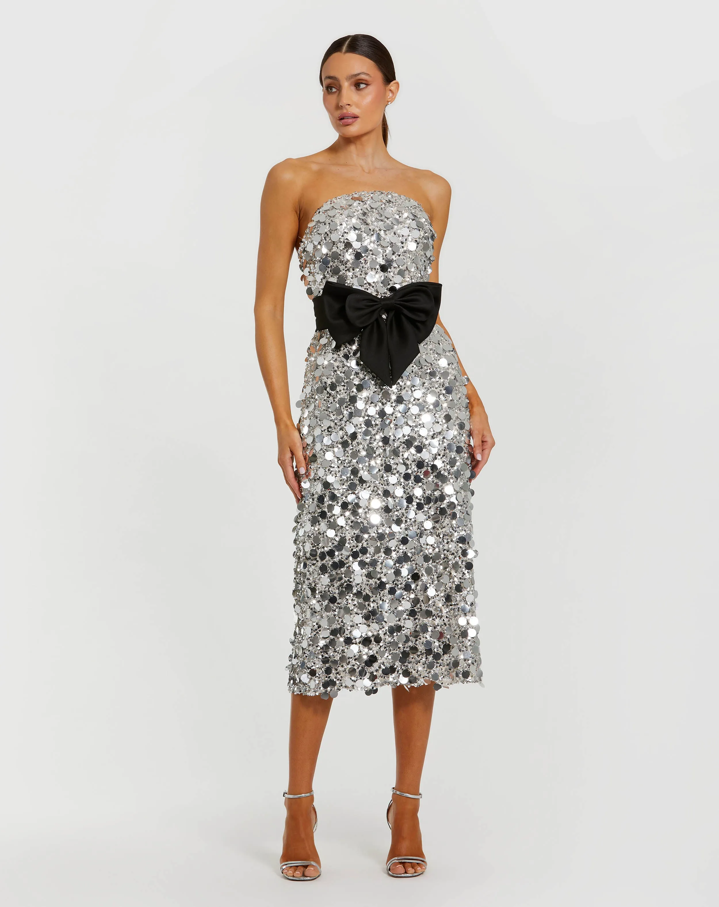 Silver Strapless Paillette Column Midi Dress With Bow sold by Mac Duggal