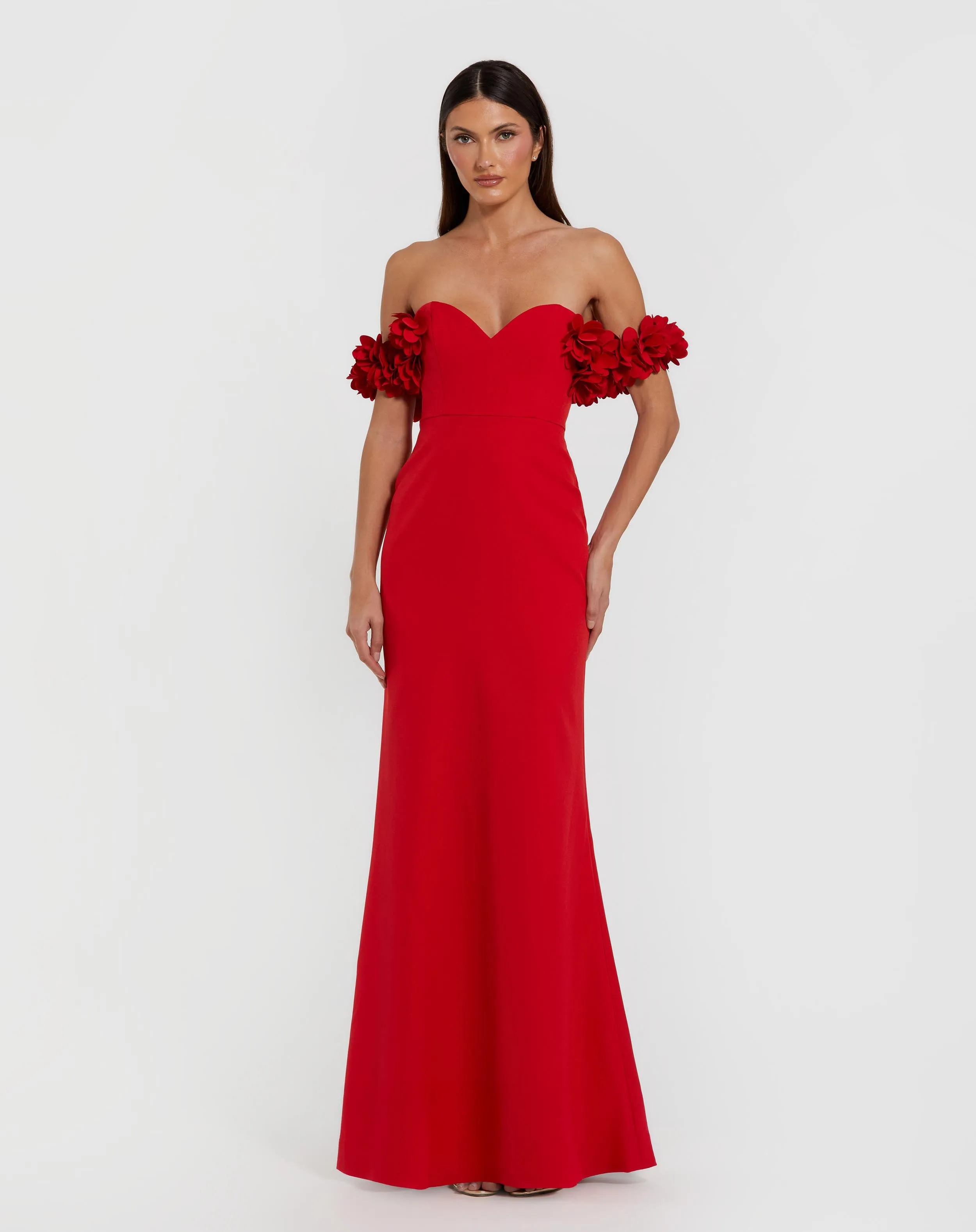 Red Crepe Off The Shoulder Gown With 3D Flowers sold by Mac Duggal