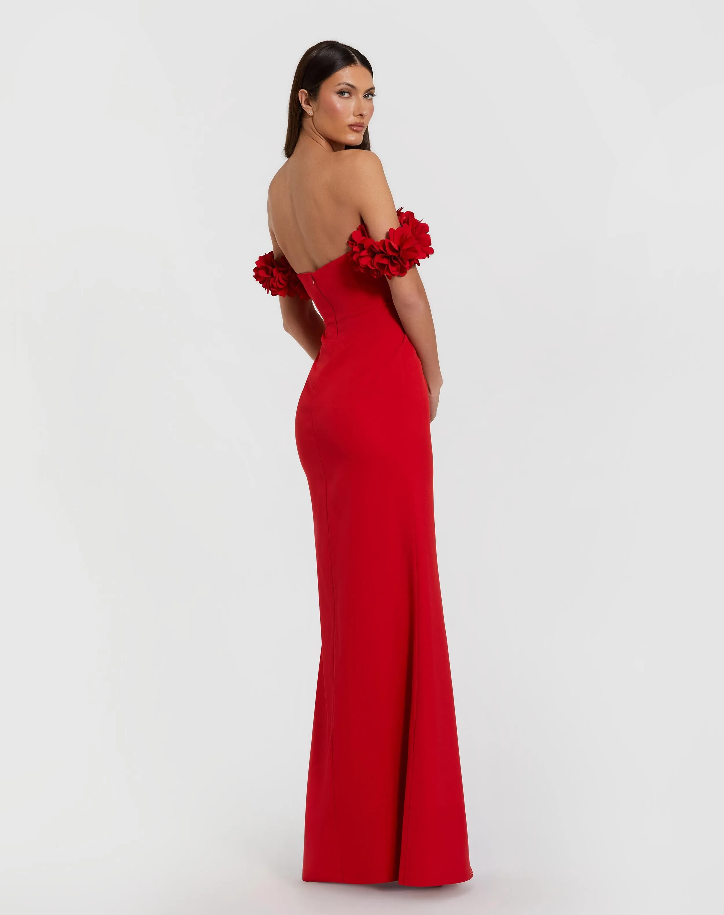 Red Crepe Off The Shoulder Gown With 3D Flowers sold by Mac Duggal product image thumbnail 3