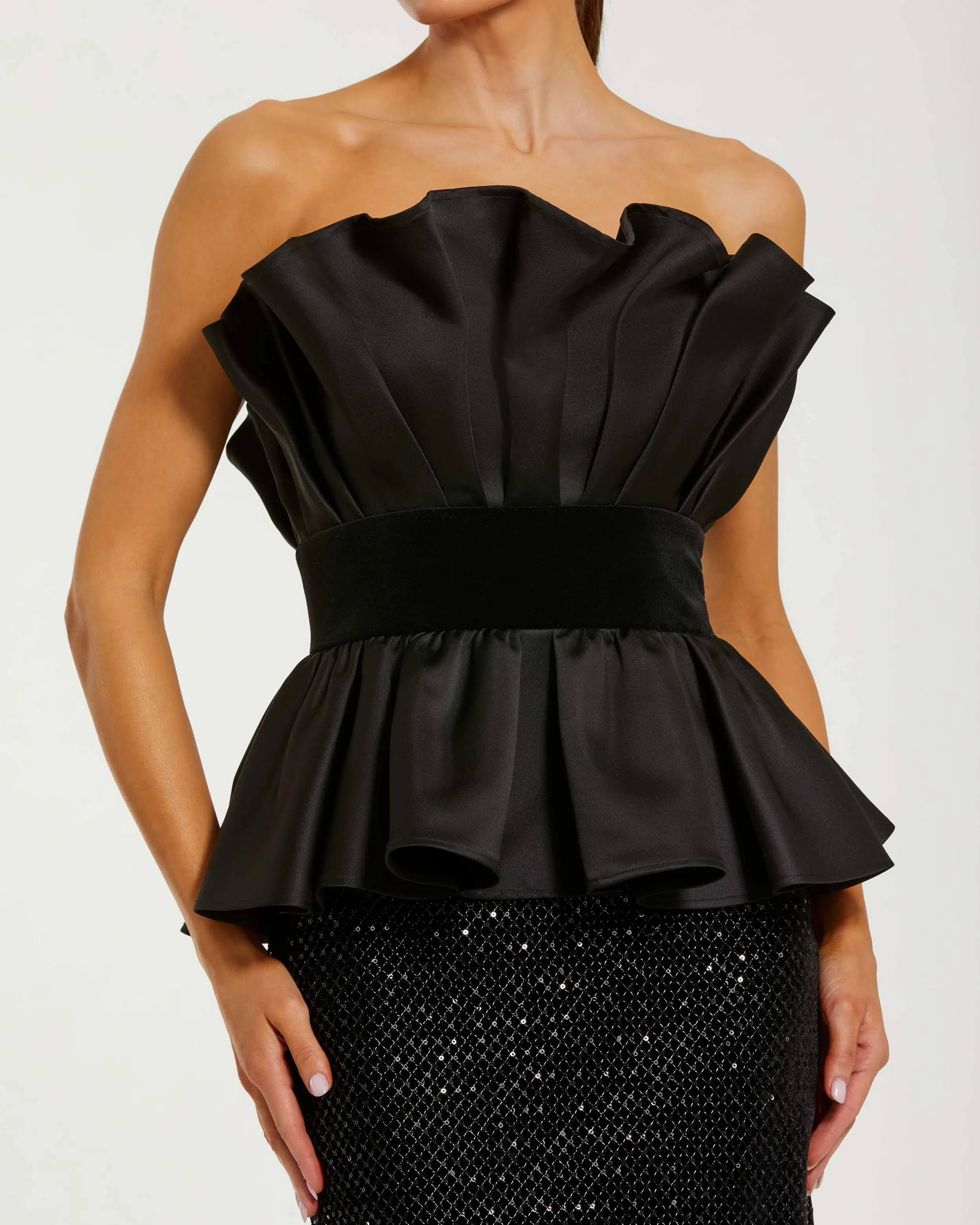 Black Strapless Satin Peplum Sequin Column Gown sold by Mac Duggal product image thumbnail 2