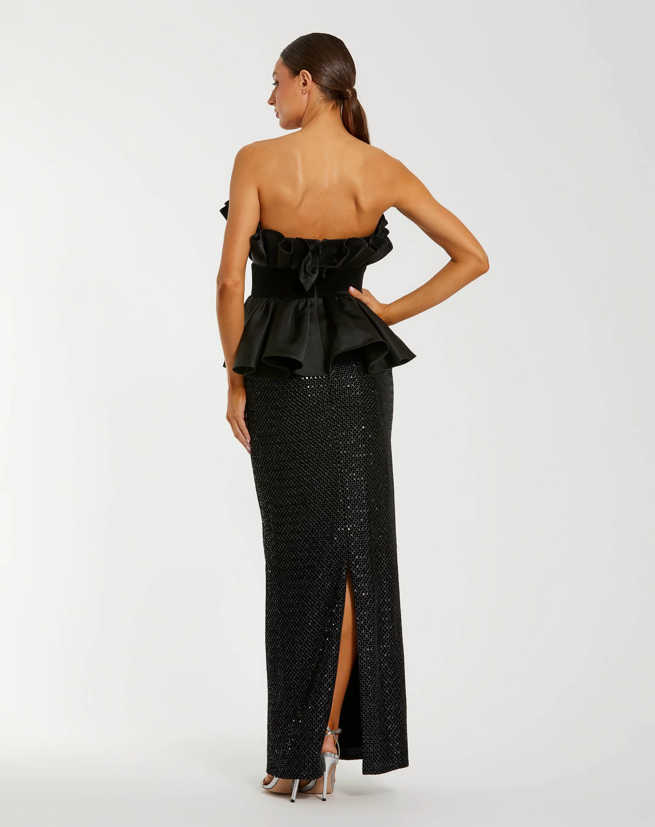 Black Strapless Satin Peplum Sequin Column Gown sold by Mac Duggal product image thumbnail 3