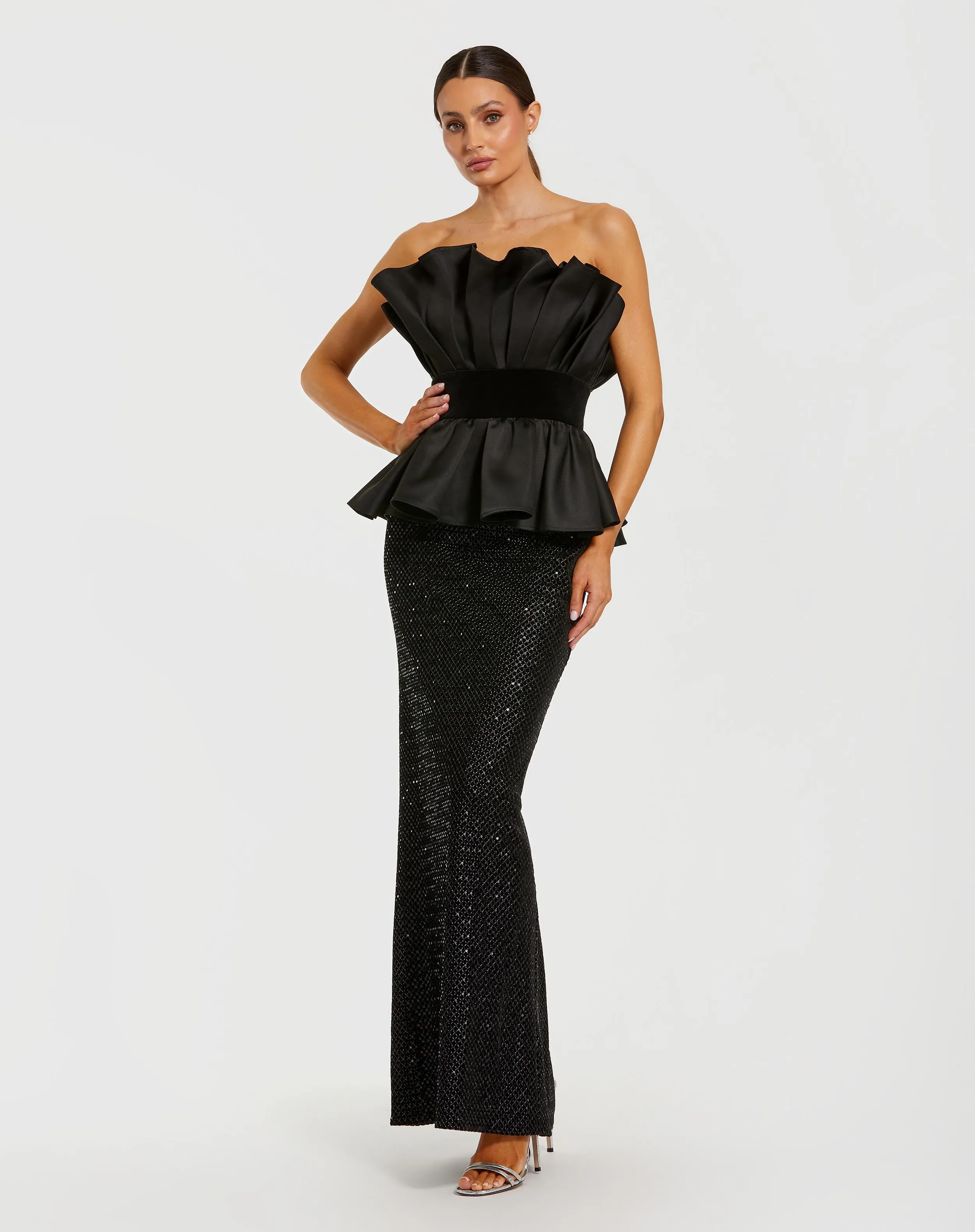 Black Strapless Satin Peplum Sequin Column Gown sold by Mac Duggal