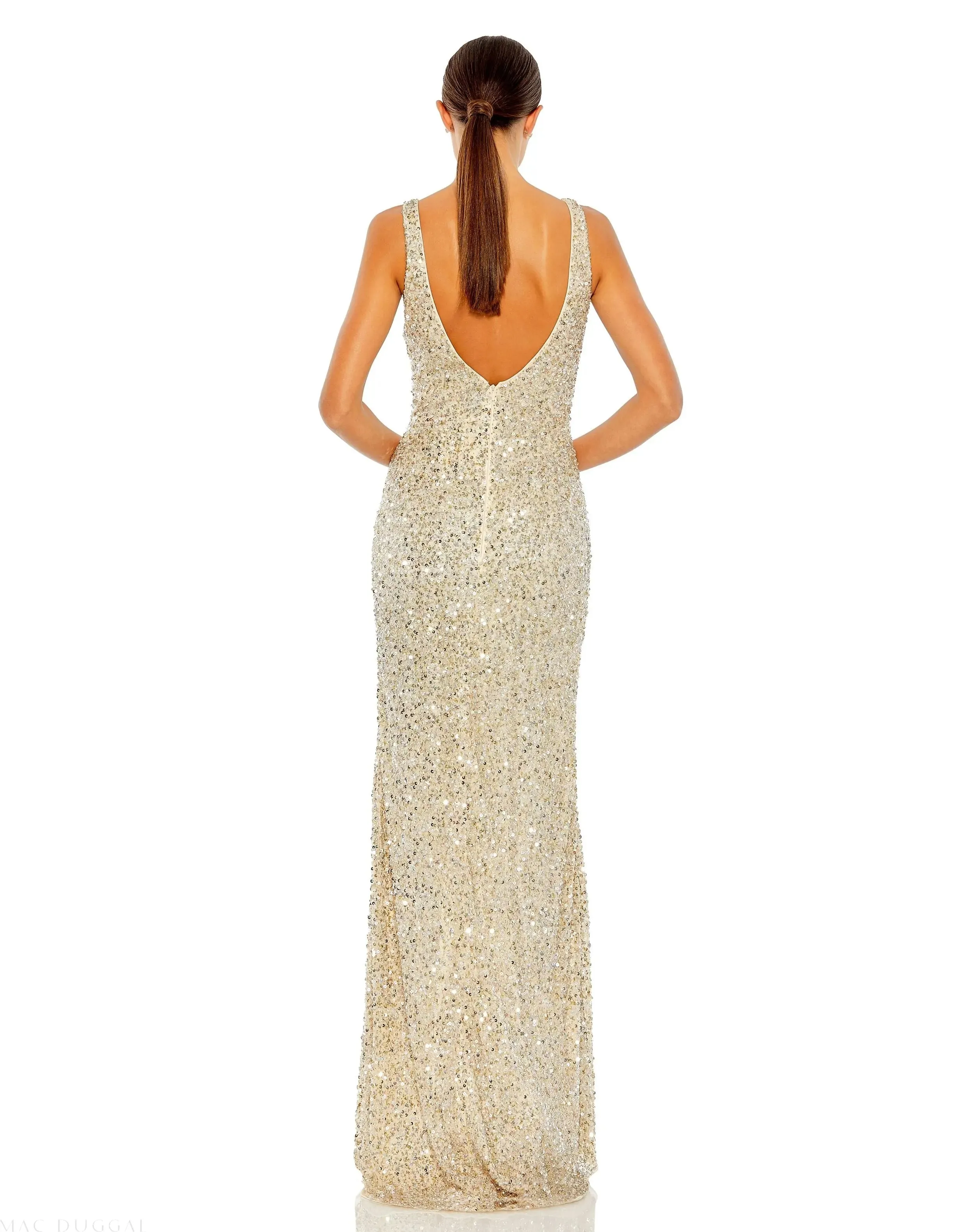 Light Gold Sequined Sleeveless V Neck Side Slit Gown sold by Mac Duggal product image thumbnail 3