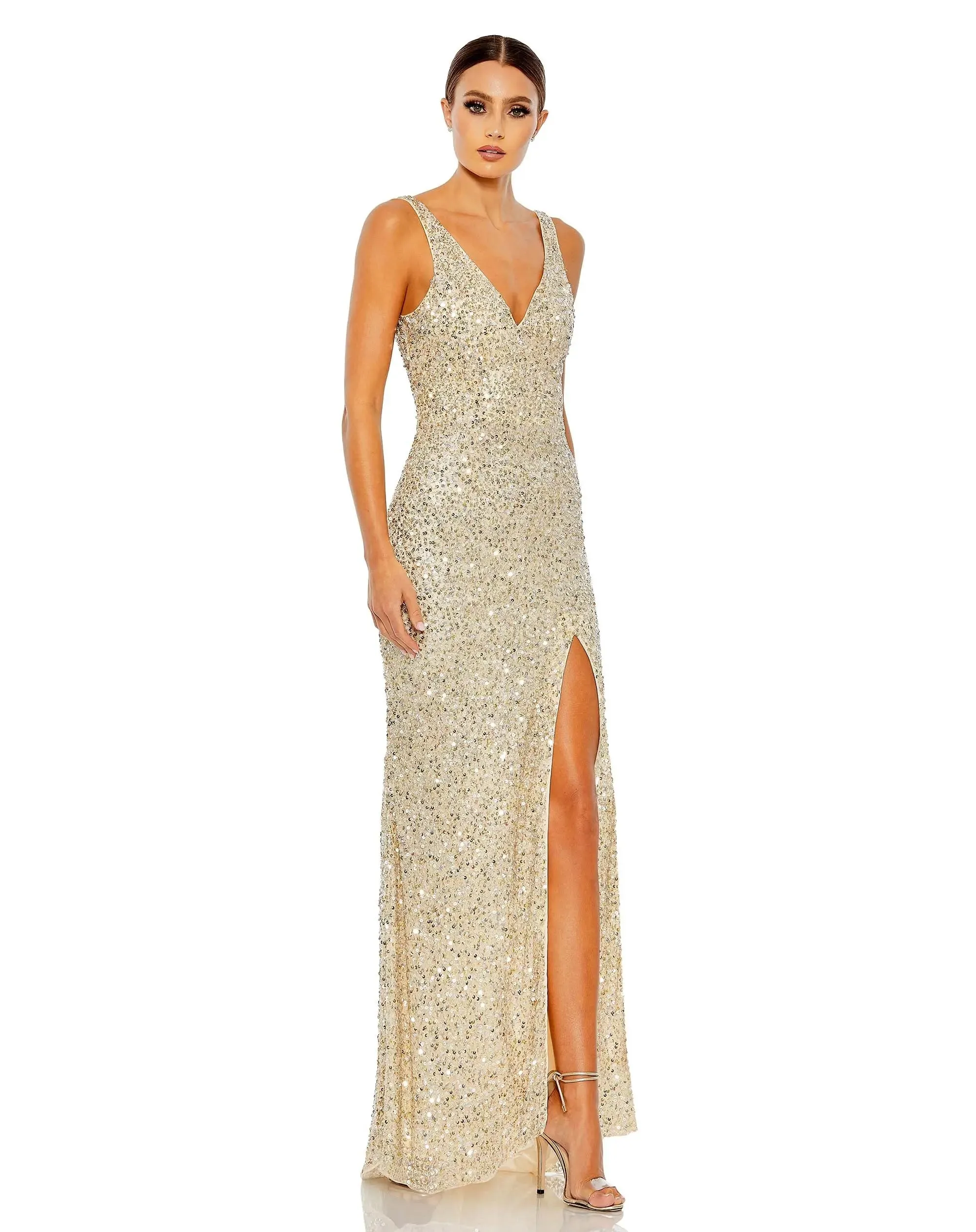 Light Gold Sequined Sleeveless V Neck Side Slit Gown sold by Mac Duggal