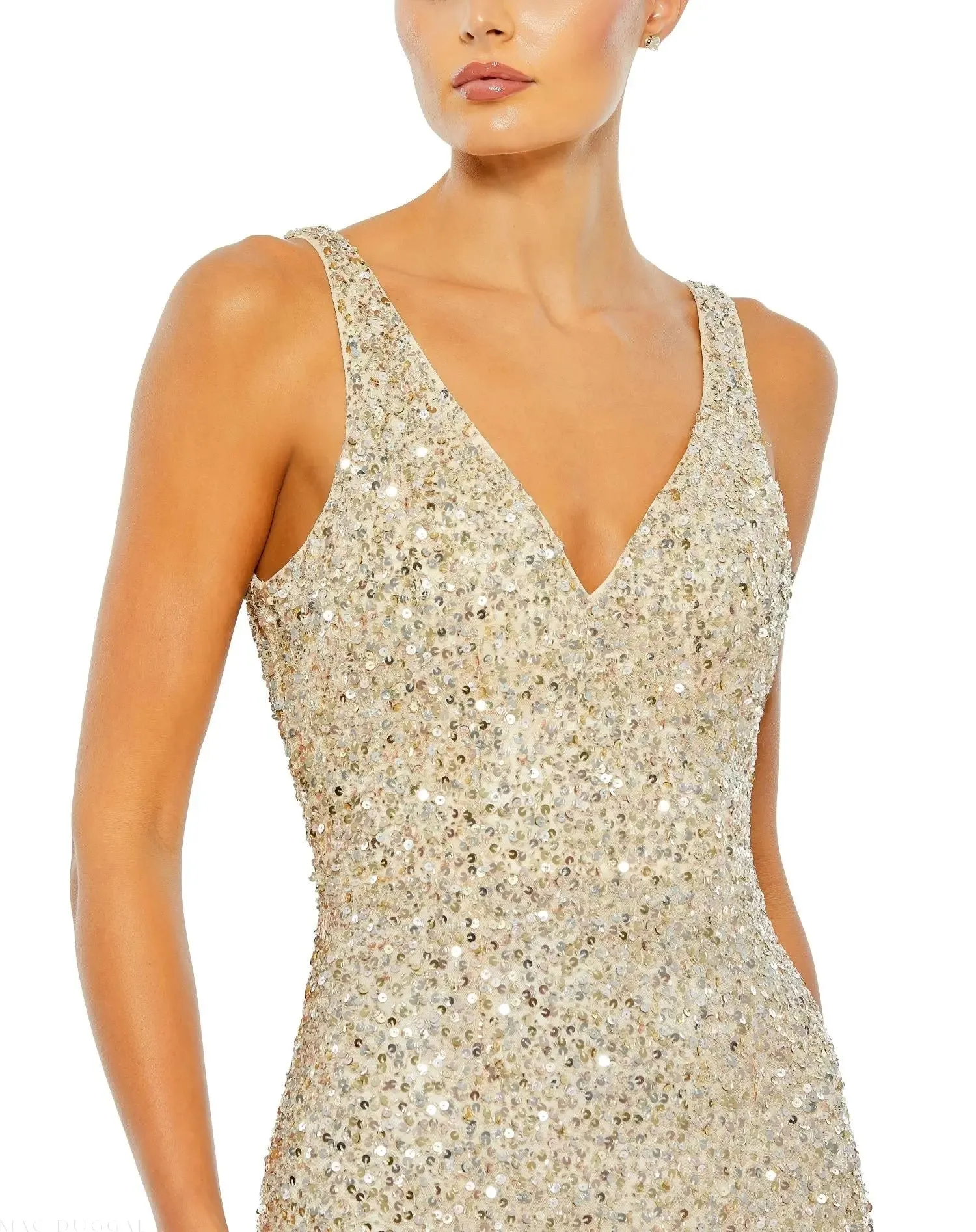 Light Gold Sequined Sleeveless V Neck Side Slit Gown sold by Mac Duggal product image thumbnail 2