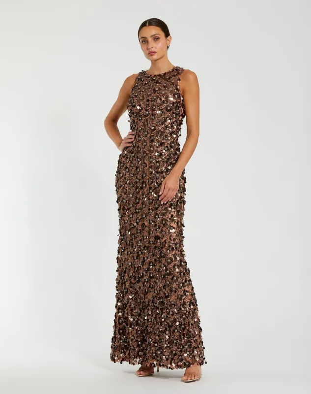 Brown Sleeveless Sequin Fringe Column Gown sold by Mac Duggal