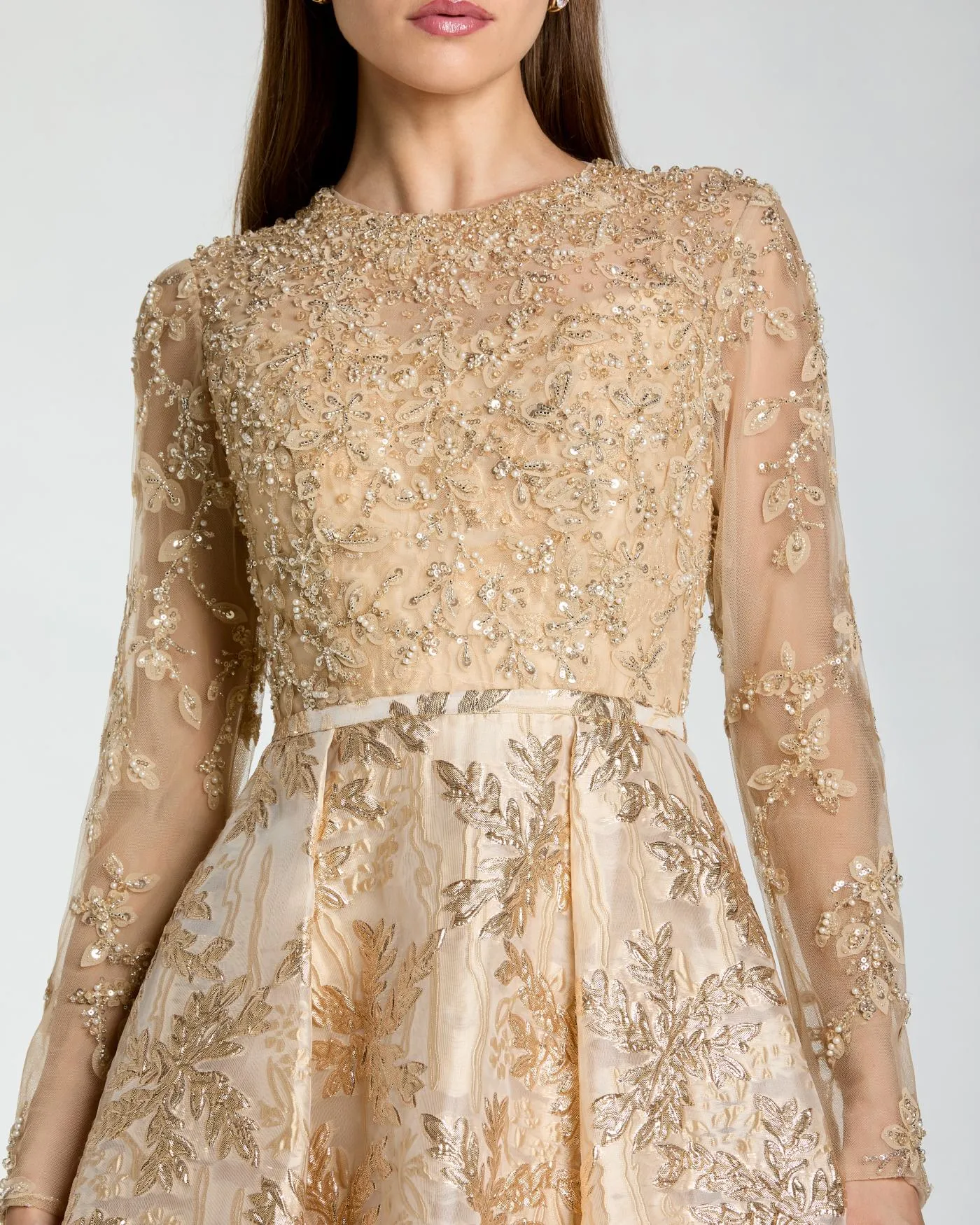 Light Gold Long Sleeve Beaded Brocade Skirt Ball Gown sold by Mac Duggal product image thumbnail 2