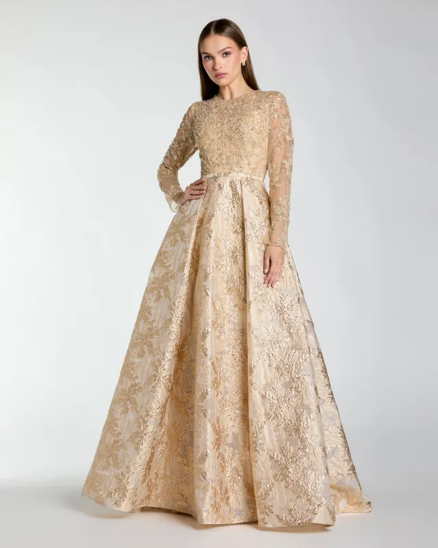 Light Gold Long Sleeve Beaded Brocade Skirt Ball Gown sold by Mac Duggal