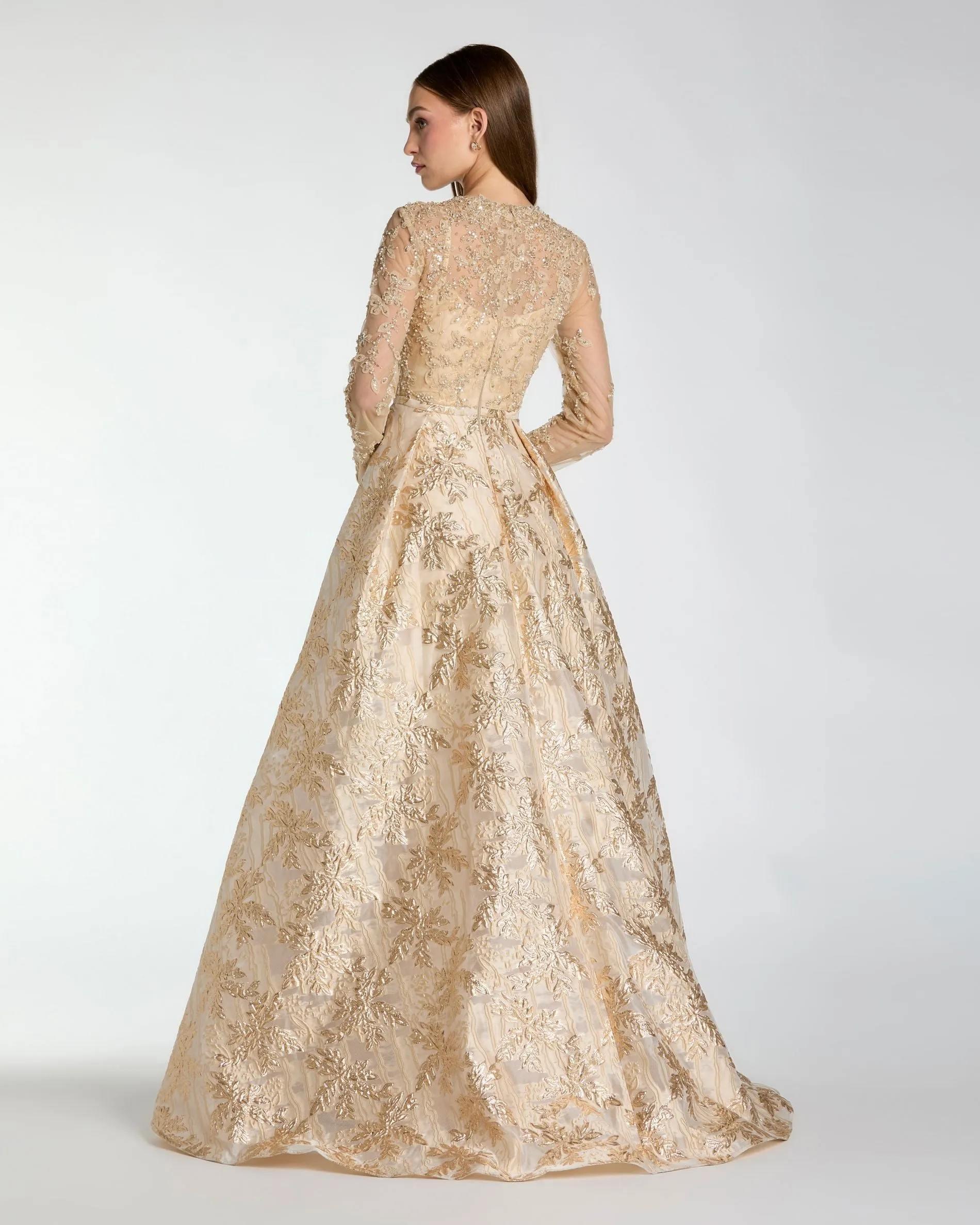 Light Gold Long Sleeve Beaded Brocade Skirt Ball Gown sold by Mac Duggal product image thumbnail 3