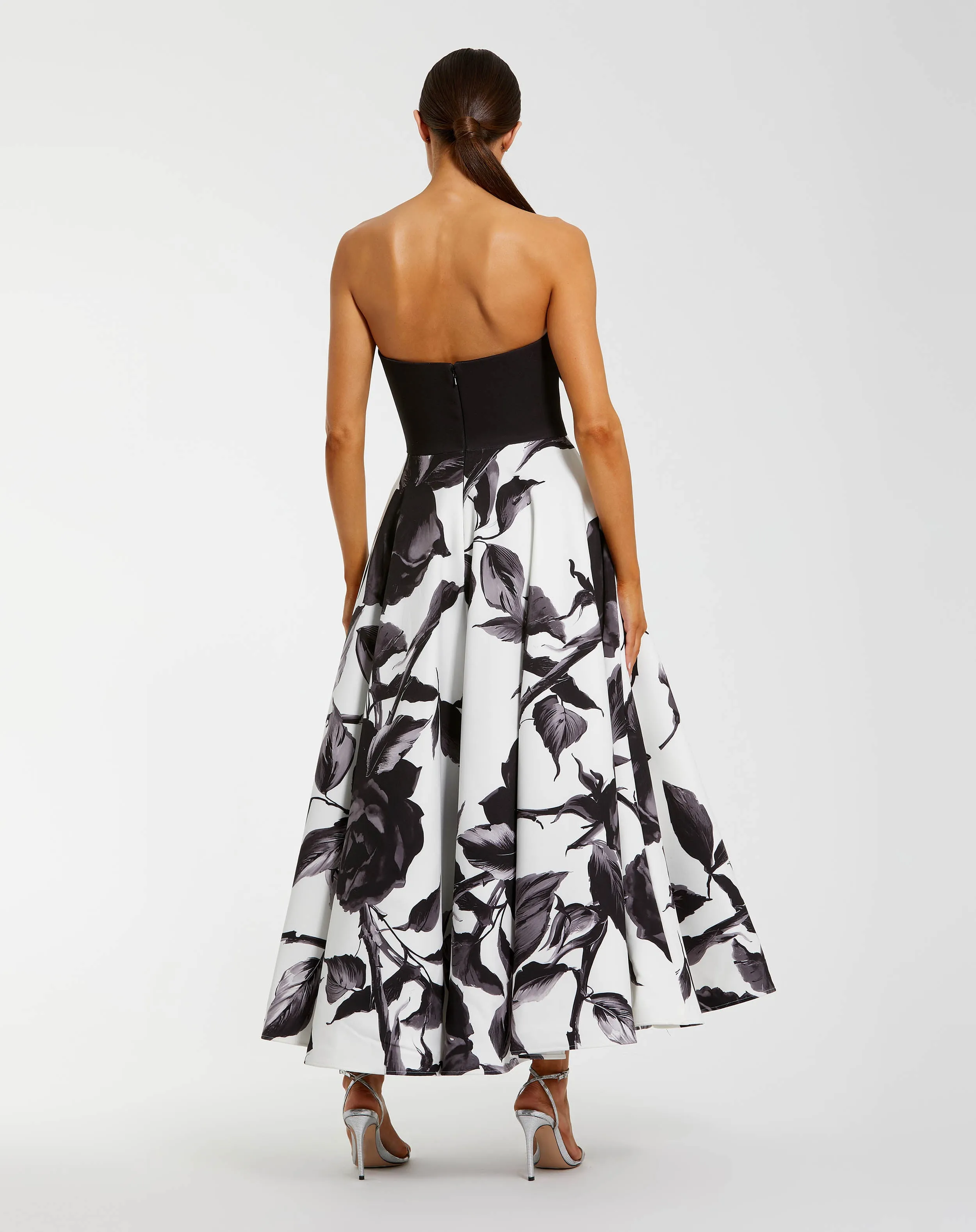 Black and Gray Floral Strapless Midi Dress With Bow sold by Mac Duggal product image thumbnail 3