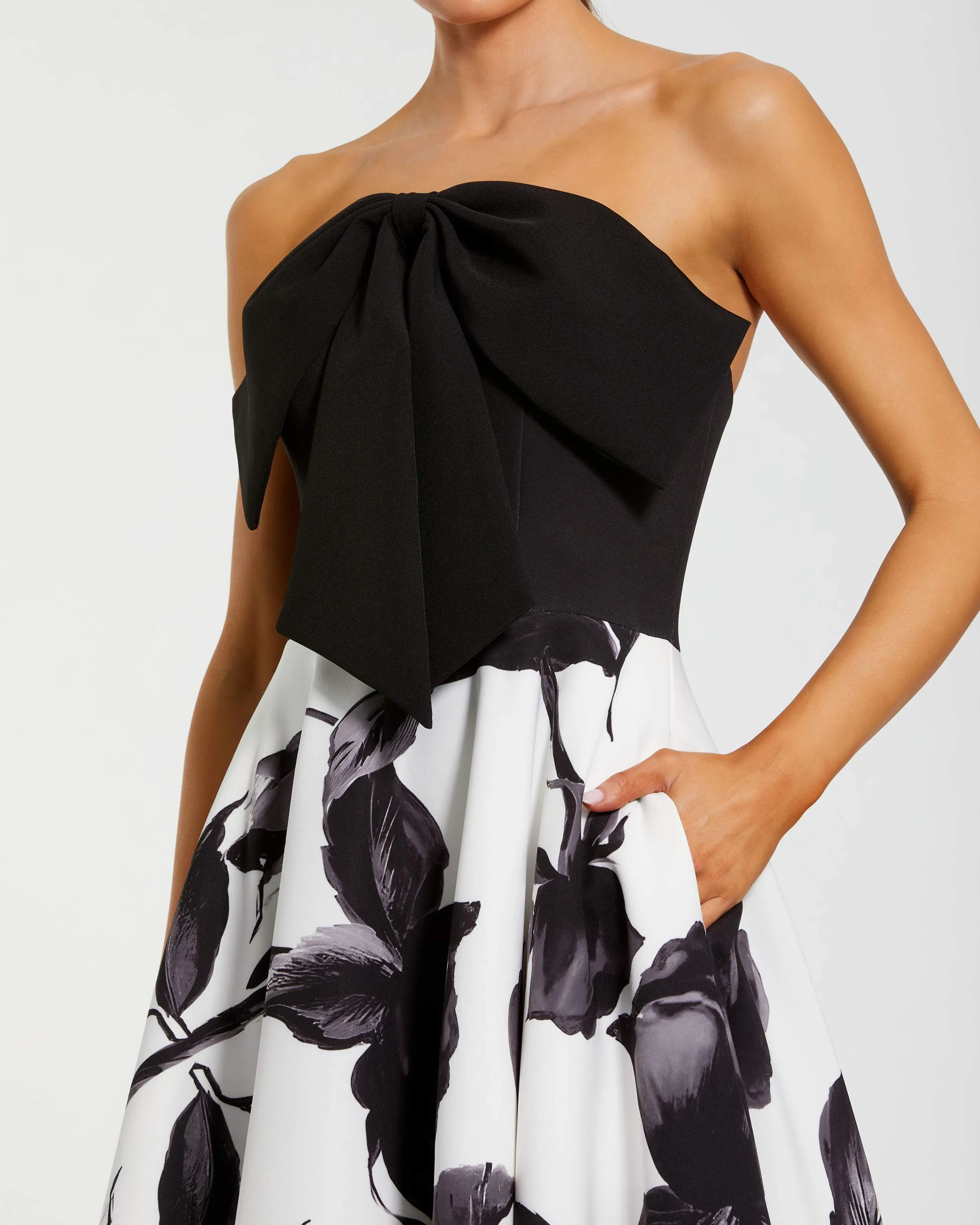 Black and Gray Floral Strapless Midi Dress With Bow sold by Mac Duggal product image thumbnail 2