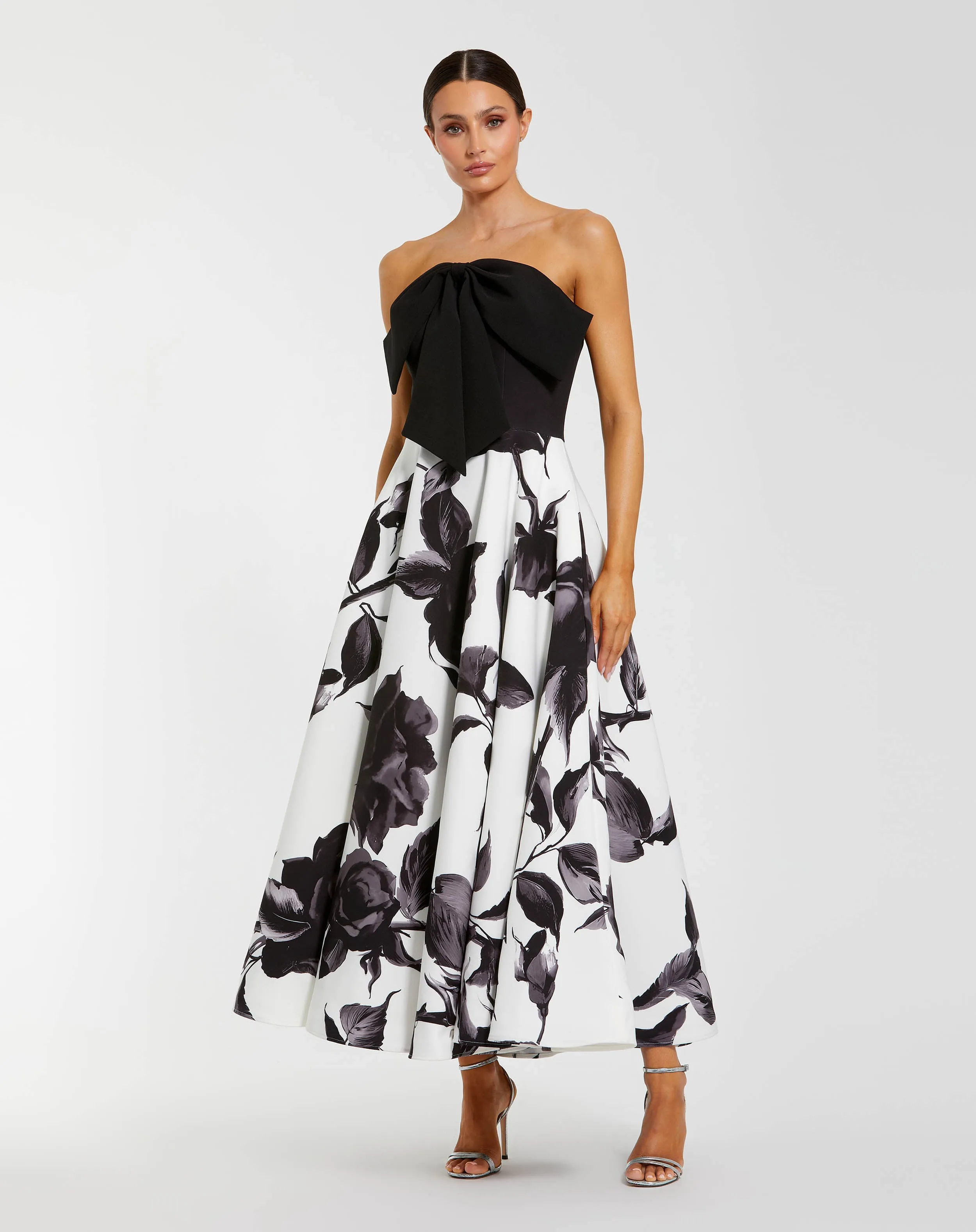 Black and Gray Floral Strapless Midi Dress With Bow sold by Mac Duggal