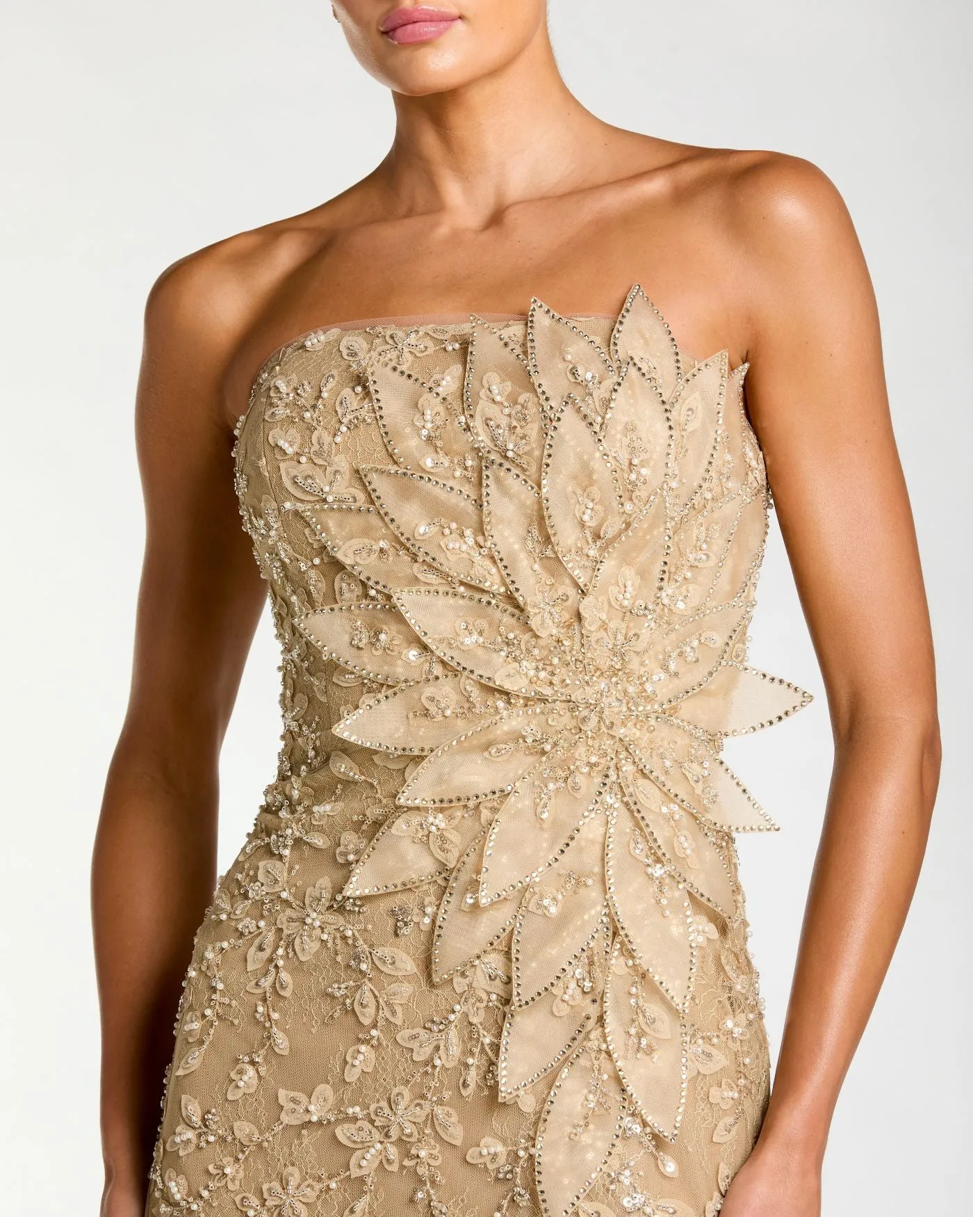 Beige Strapless Embellished Lace Gown with 3D Flower sold by Mac Duggal product image thumbnail 2