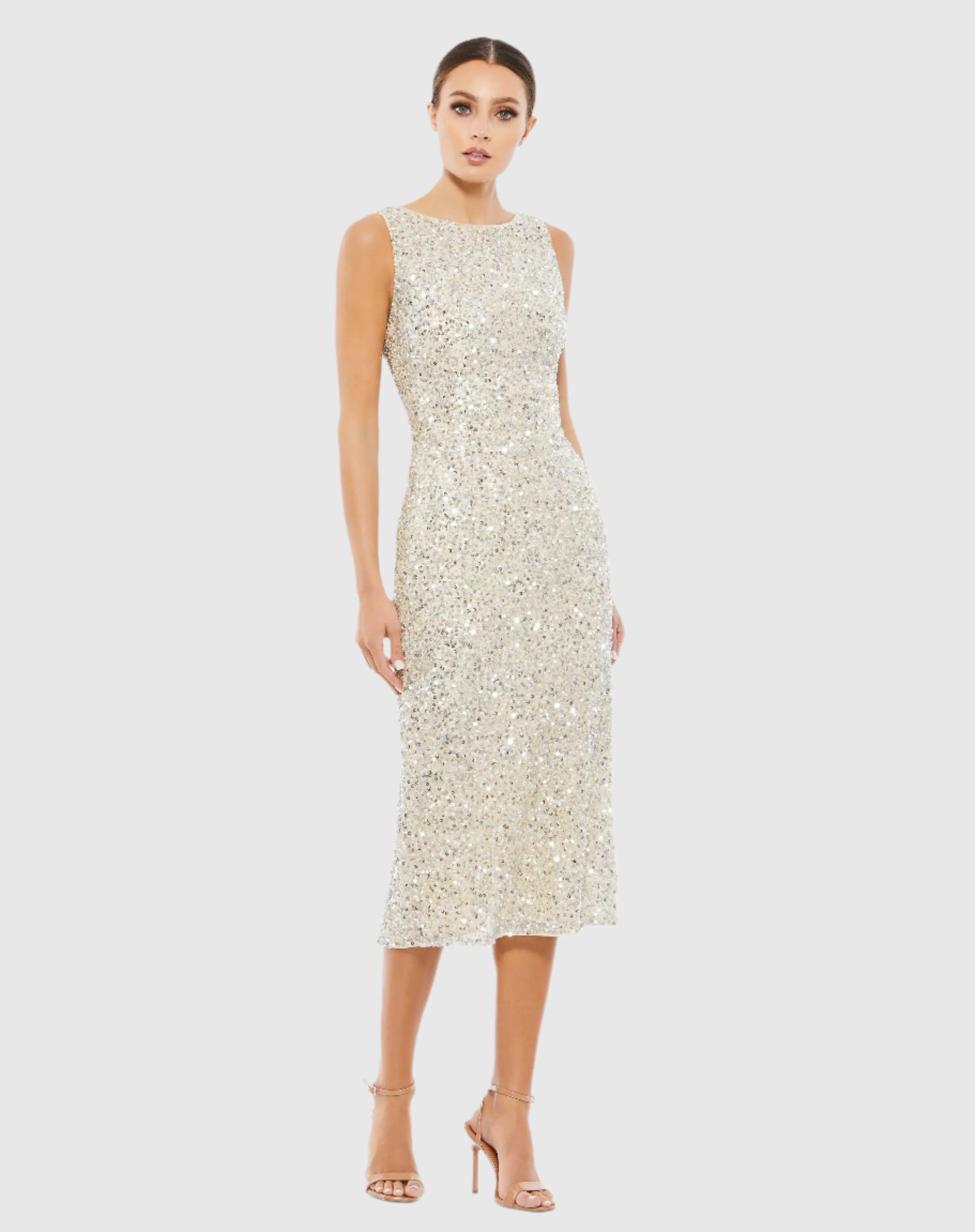 Silver Sleeveless Sequined Midi Sheath Dress sold by Mac Duggal