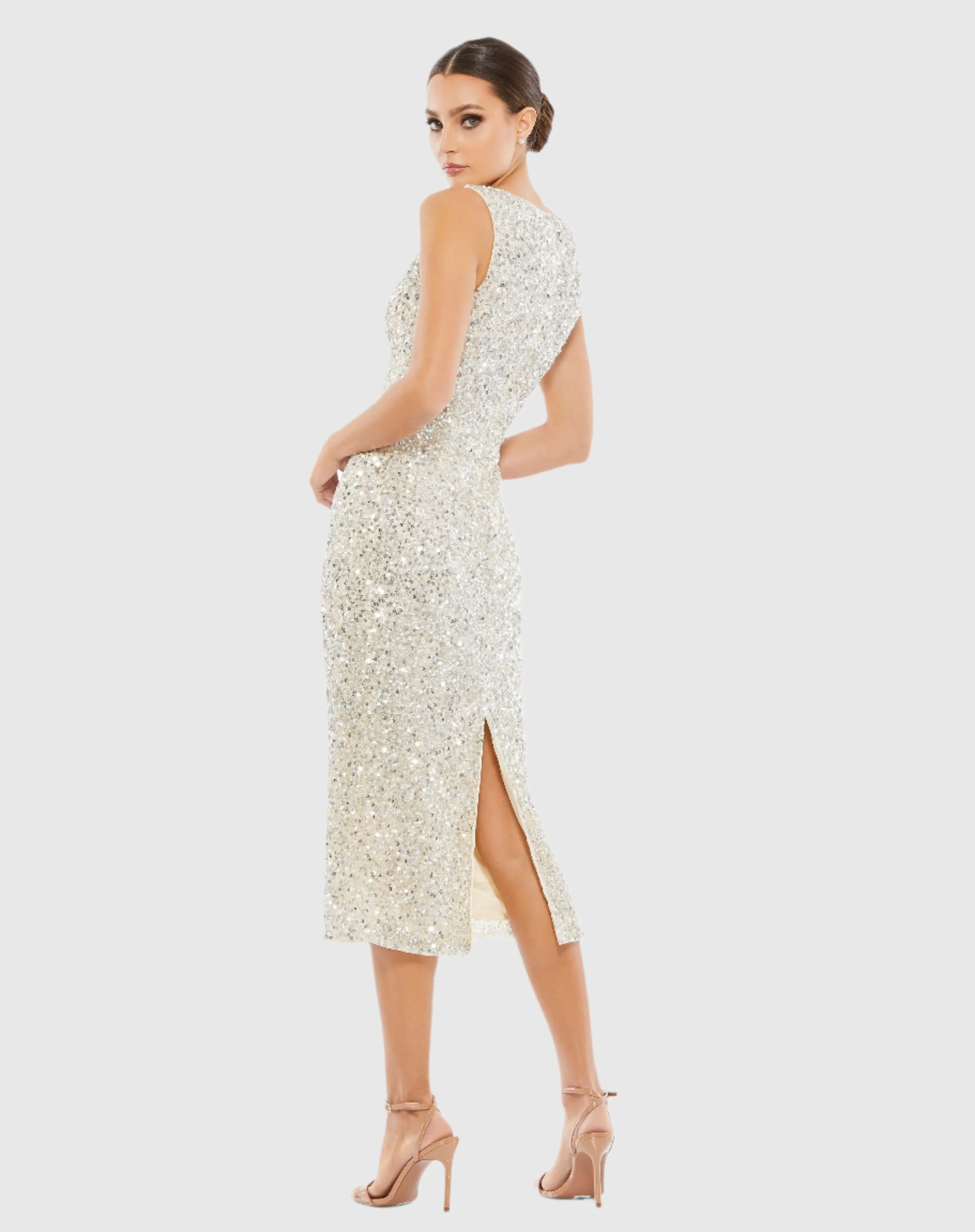 Silver Sleeveless Sequined Midi Sheath Dress sold by Mac Duggal product image thumbnail 3