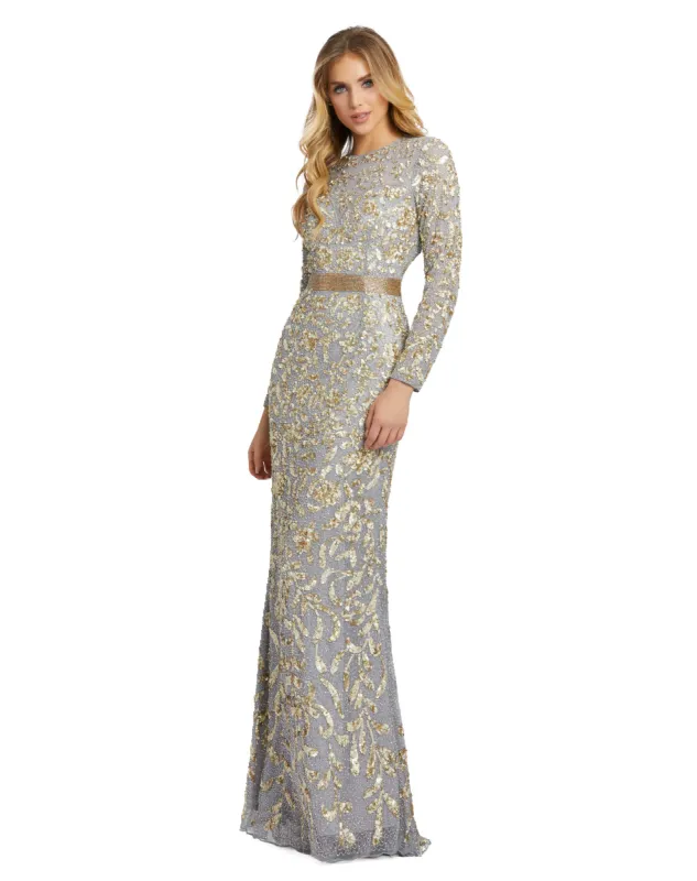 Silver Long Sleeve Embellished Gown sold by Mac Duggal