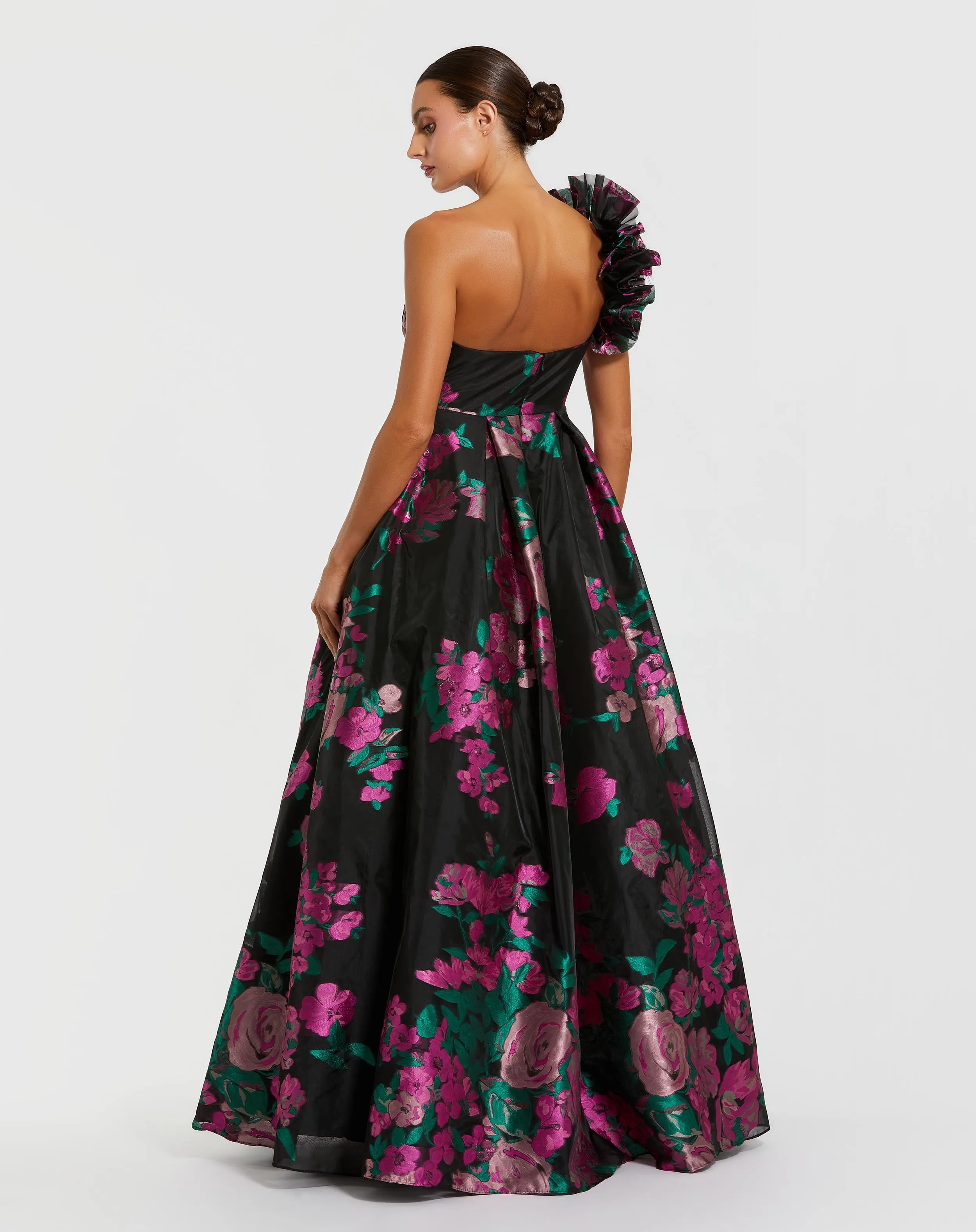 Black One Shoulder Floral Brocade Ball Gown sold by Mac Duggal product image thumbnail 3