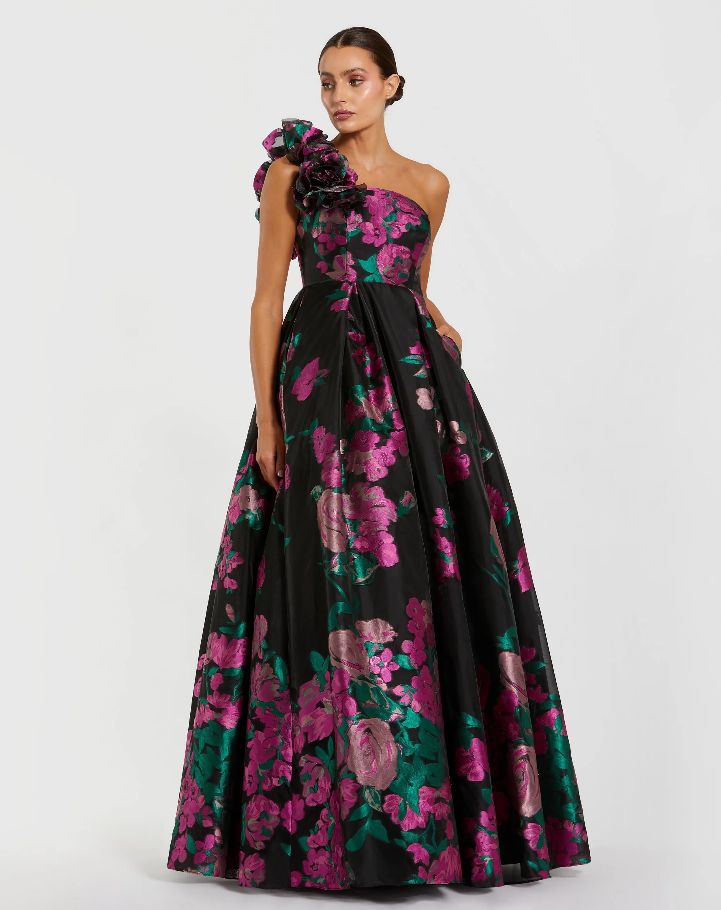 Black One Shoulder Floral Brocade Ball Gown sold by Mac Duggal