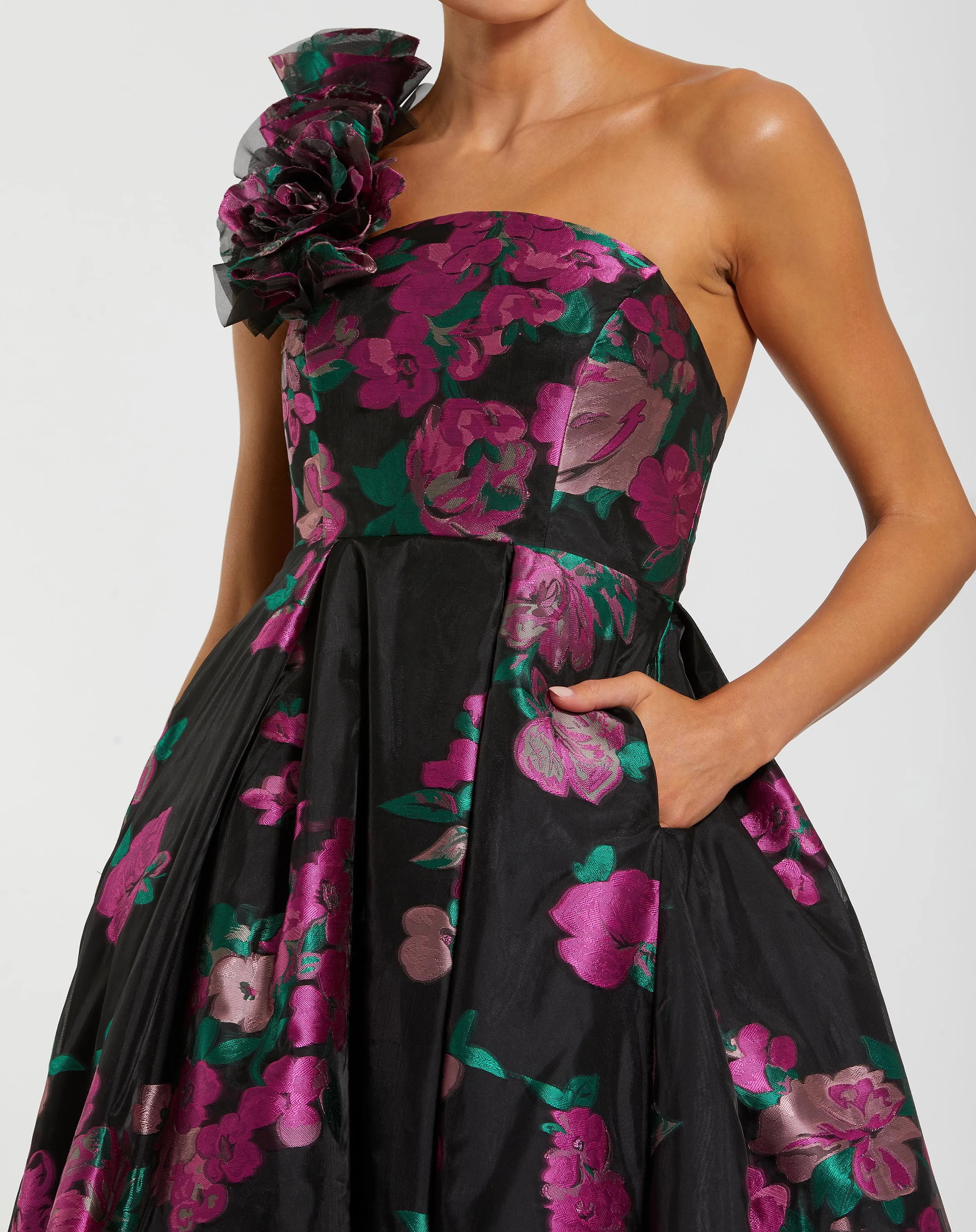 Black One Shoulder Floral Brocade Ball Gown sold by Mac Duggal product image thumbnail 2