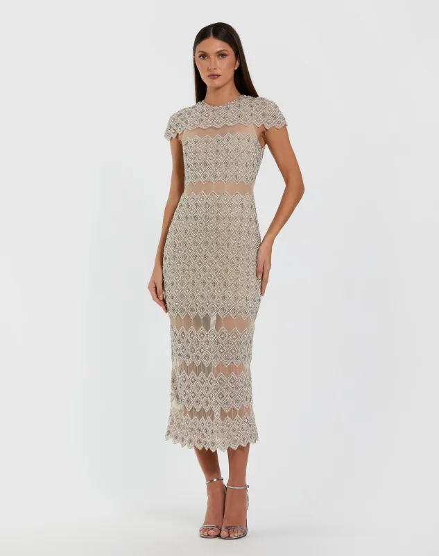 Beige Embellished Mesh Fitted Midi Dress With Sheer Panels sold by Mac Duggal