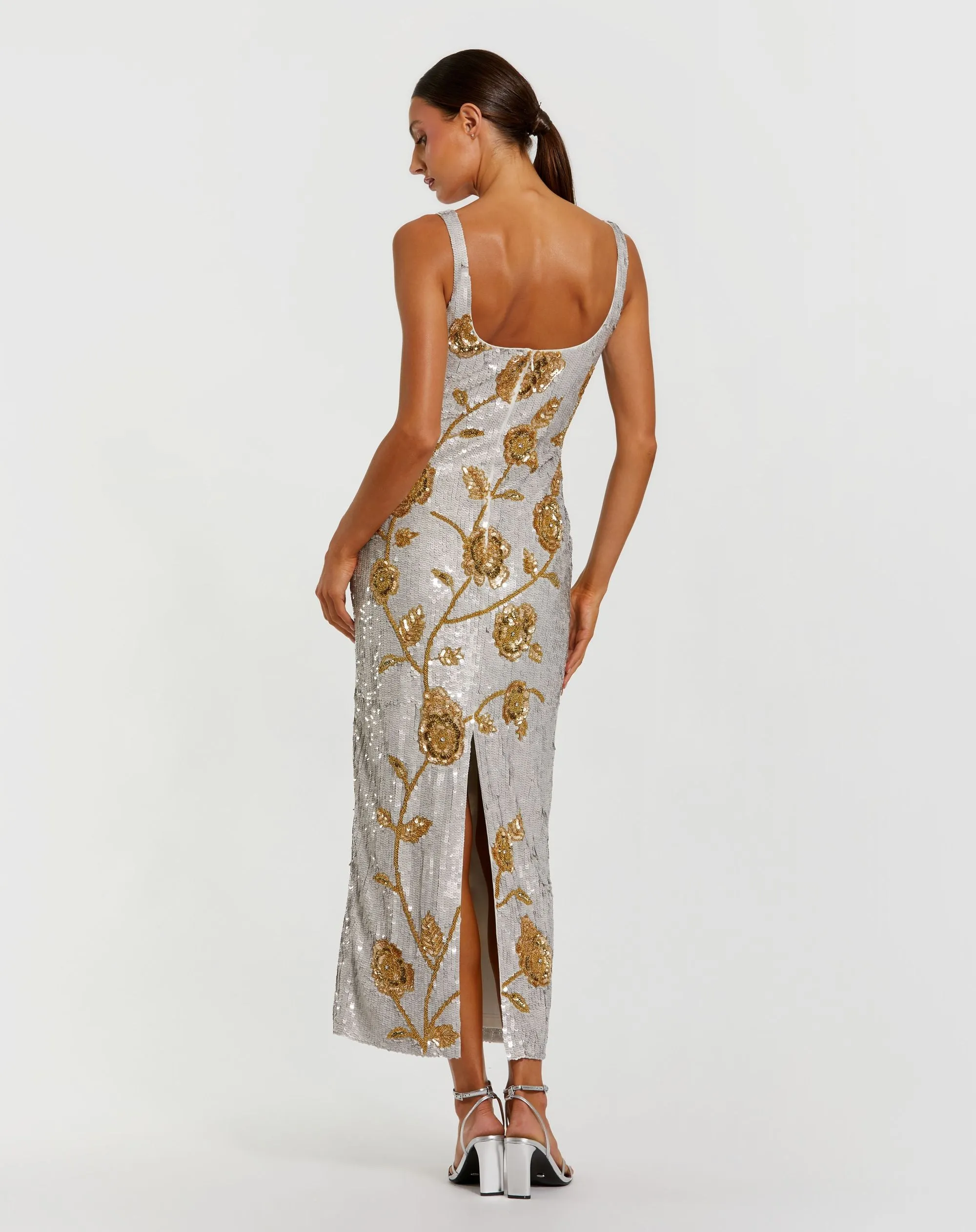 Silver Sleeveless Sequin Dress With Gold Floral Detail sold by Mac Duggal product image thumbnail 3
