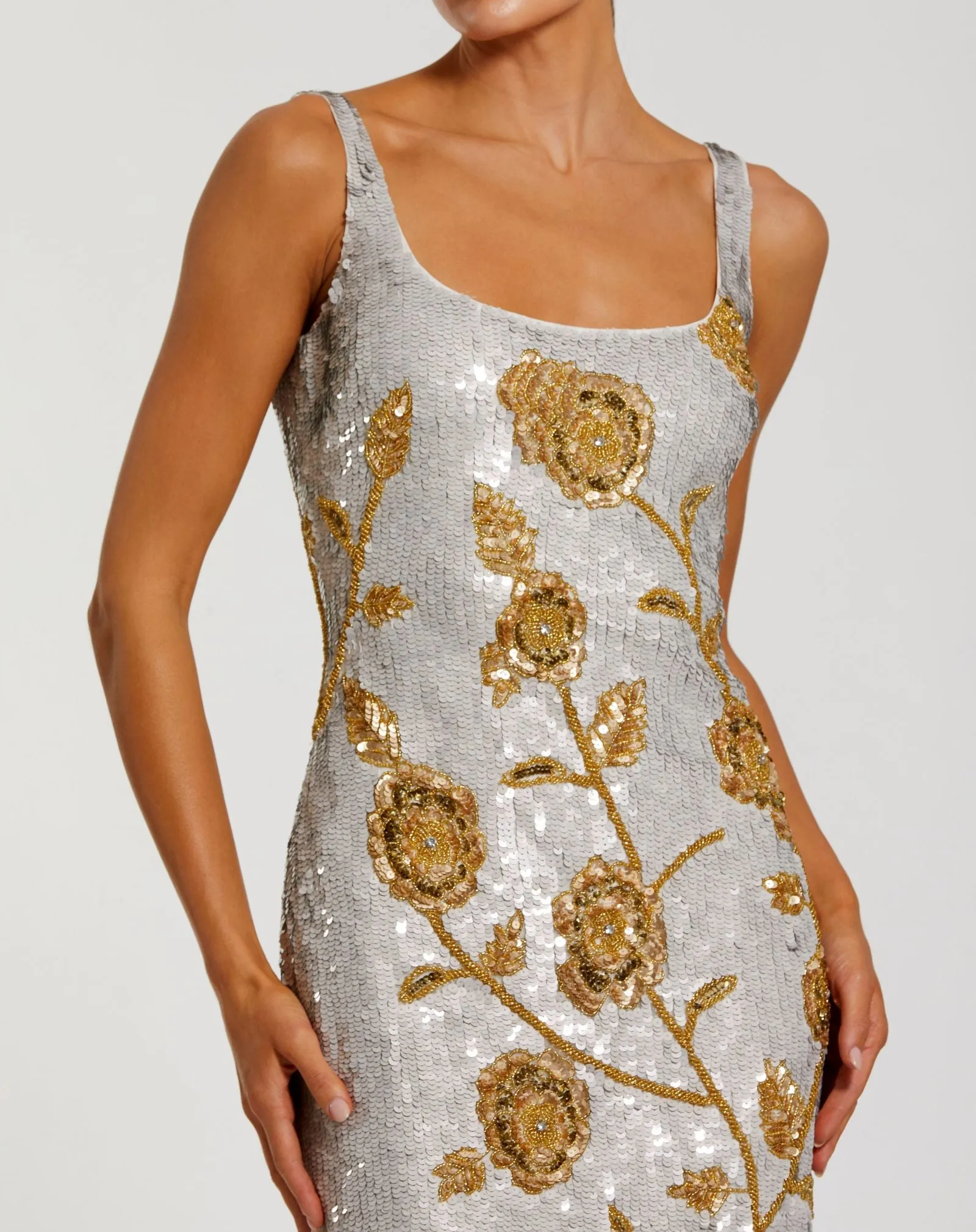 Silver Sleeveless Sequin Dress With Gold Floral Detail sold by Mac Duggal product image thumbnail 2