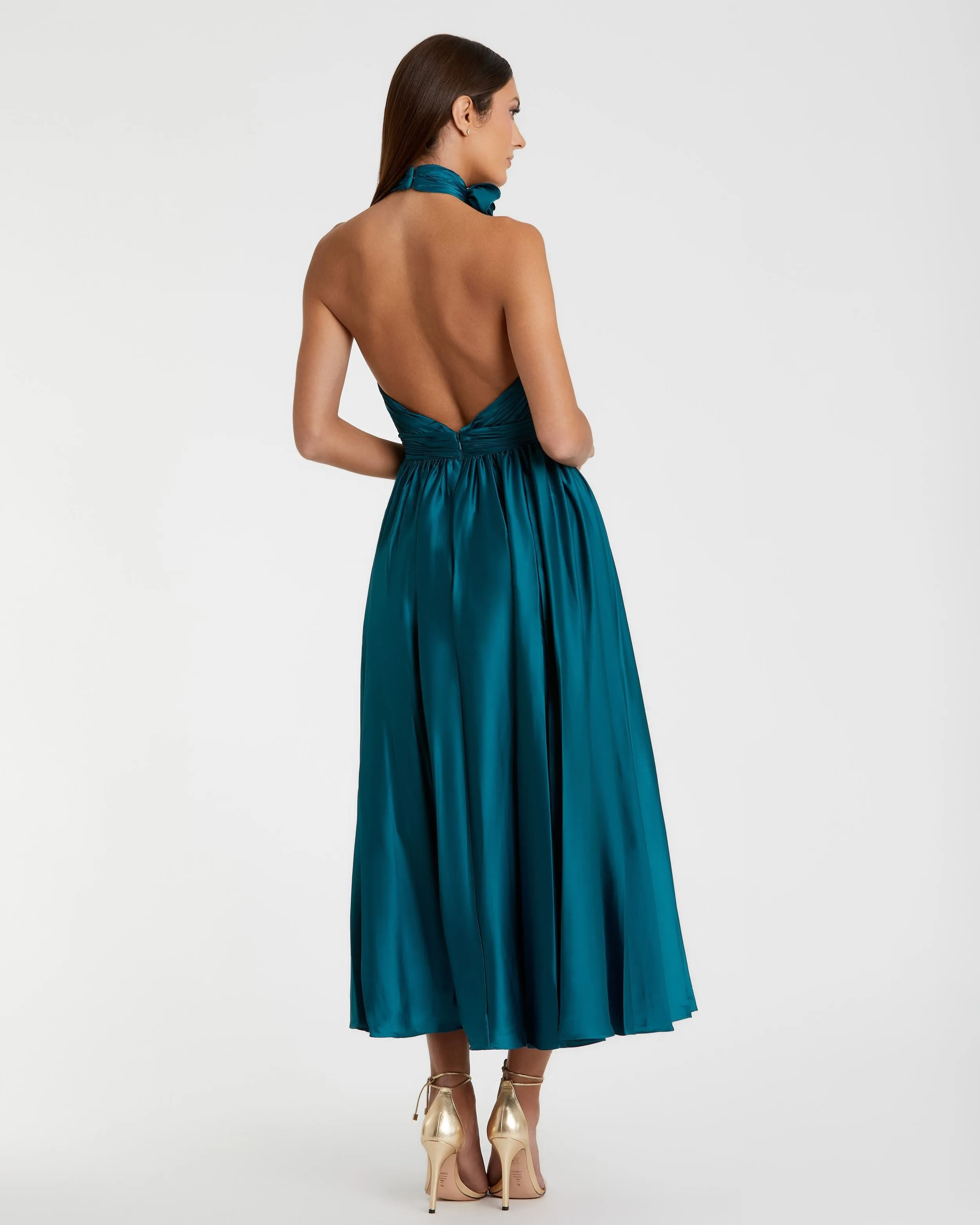 Teal Pleated Charmeuse High Neck Sleeveless Midi Dress sold by Mac Duggal product image thumbnail 3