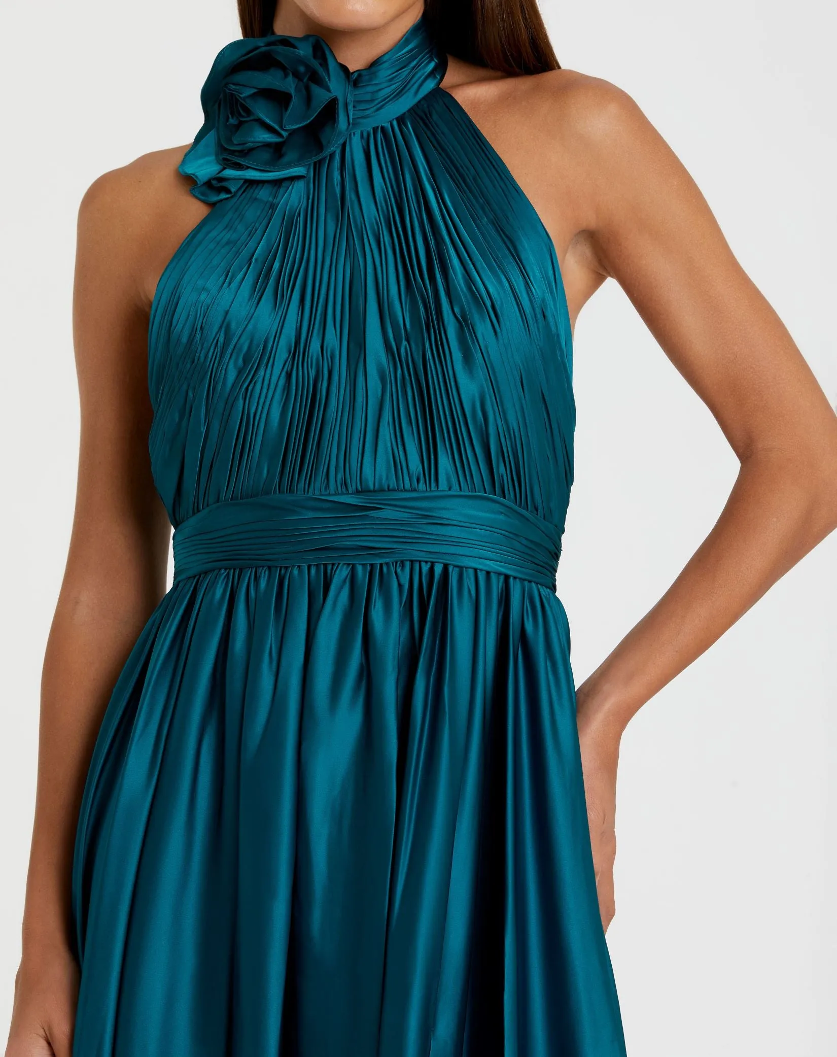 Teal Pleated Charmeuse High Neck Sleeveless Midi Dress sold by Mac Duggal product image thumbnail 2