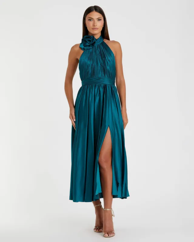 Teal Pleated Charmeuse High Neck Sleeveless Midi Dress sold by Mac Duggal