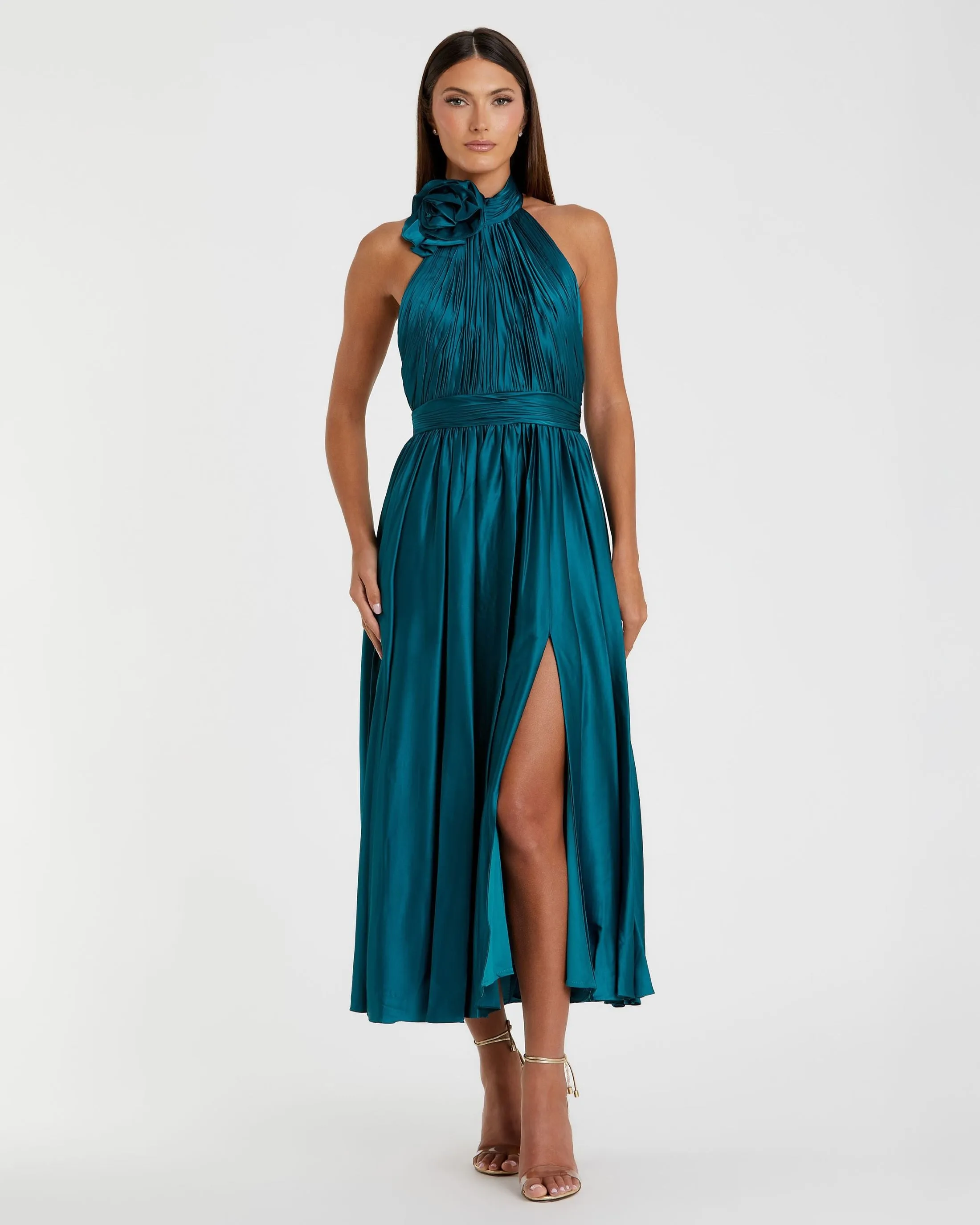 Teal Pleated Charmeuse High Neck Sleeveless Midi Dress sold by Mac Duggal