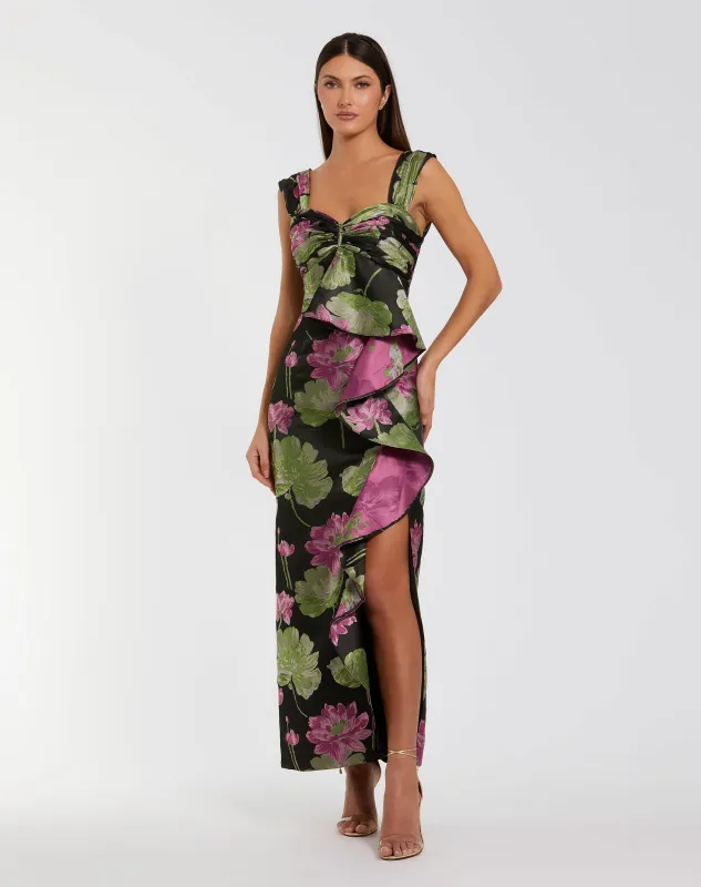 Black Sleeveless Floral Maxi Dress With Ruffle Detail made by Mac Duggal