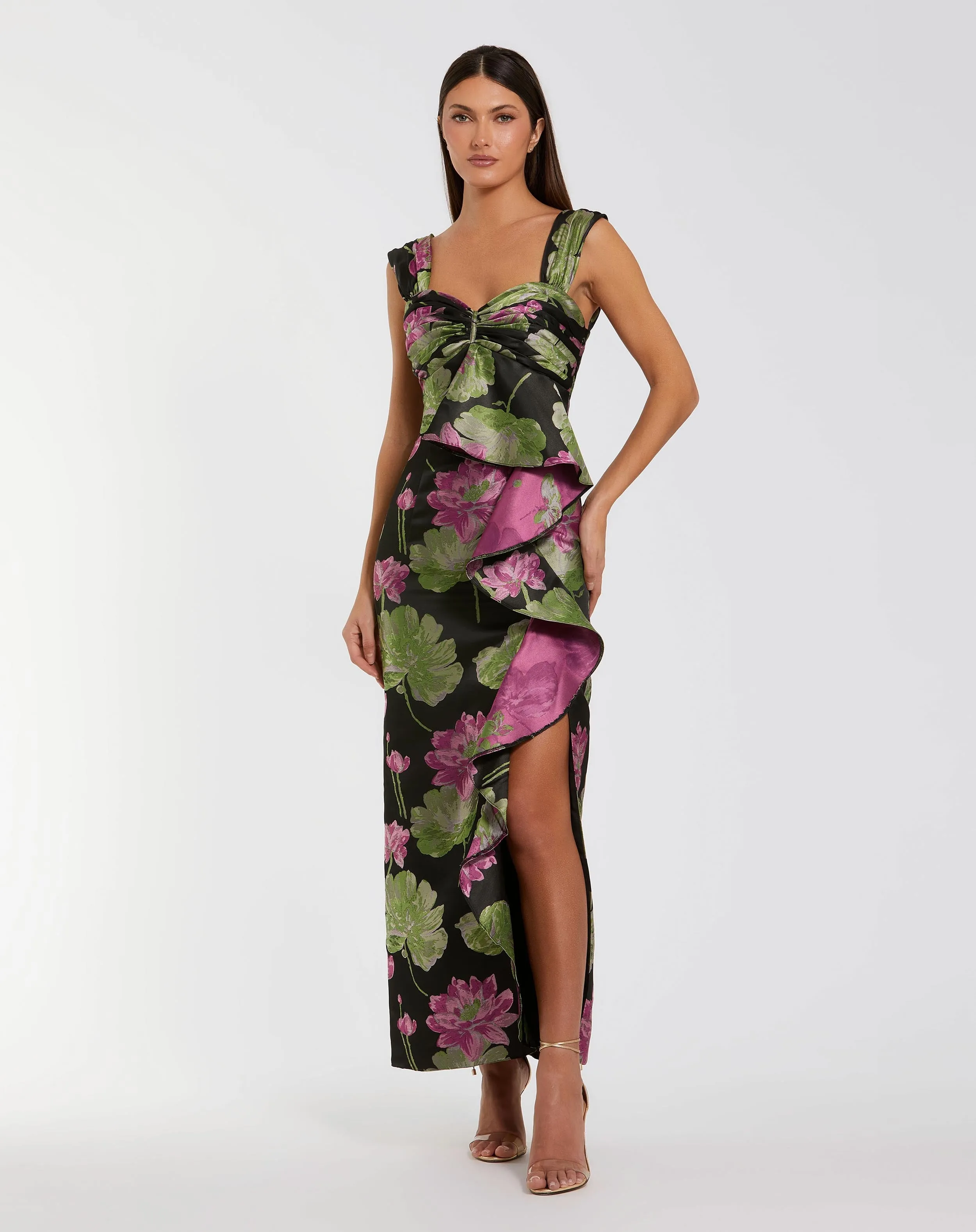 Black Sleeveless Floral Maxi Dress With Ruffle Detail sold by Mac Duggal