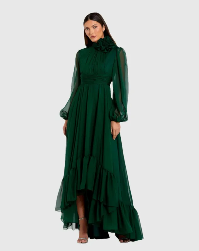 Green High Low Long Sleeve Chiffon Gown With 3D Flower sold by Mac Duggal