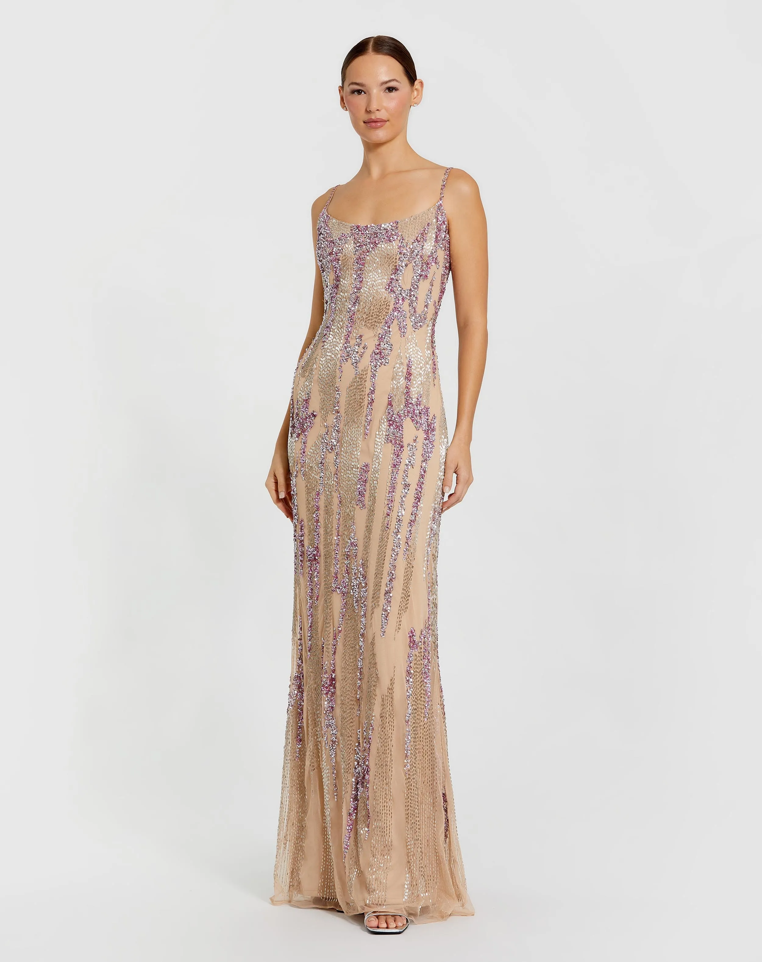 Beige Spaghetti Strap Beaded Column Gown sold by Mac Duggal