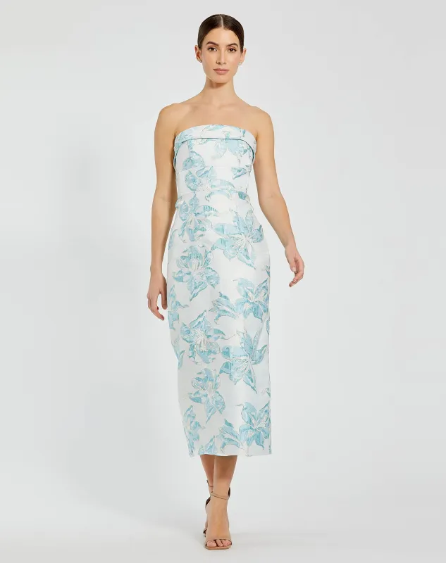 Blue and White Strapless Brocade Sheath Midi Dress made by Mac Duggal