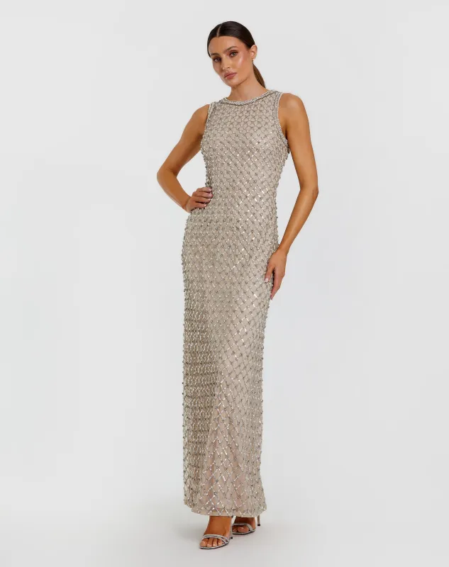 Beige Embellished High Neck Column Gown sold by Mac Duggal