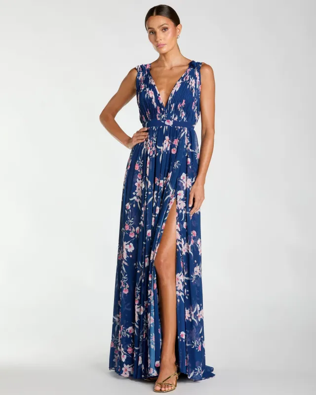 Dark Blue Sleeveless Pleated Floral Print Chiffon V-Neck Gown sold by Mac Duggal