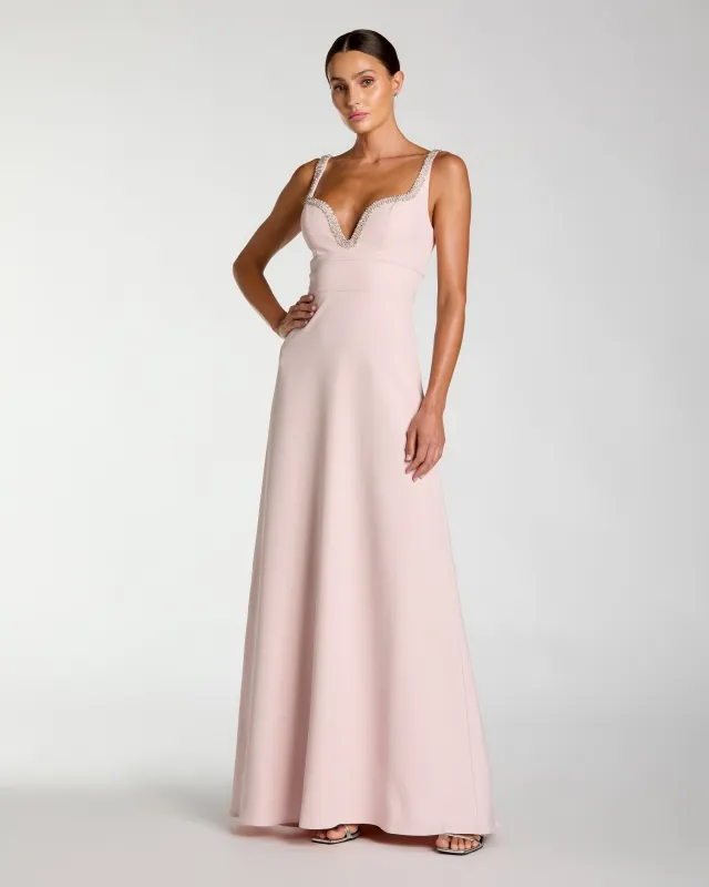 Light Pink Crepe A-Line Gown With Rhinestone Trim made by Mac Duggal